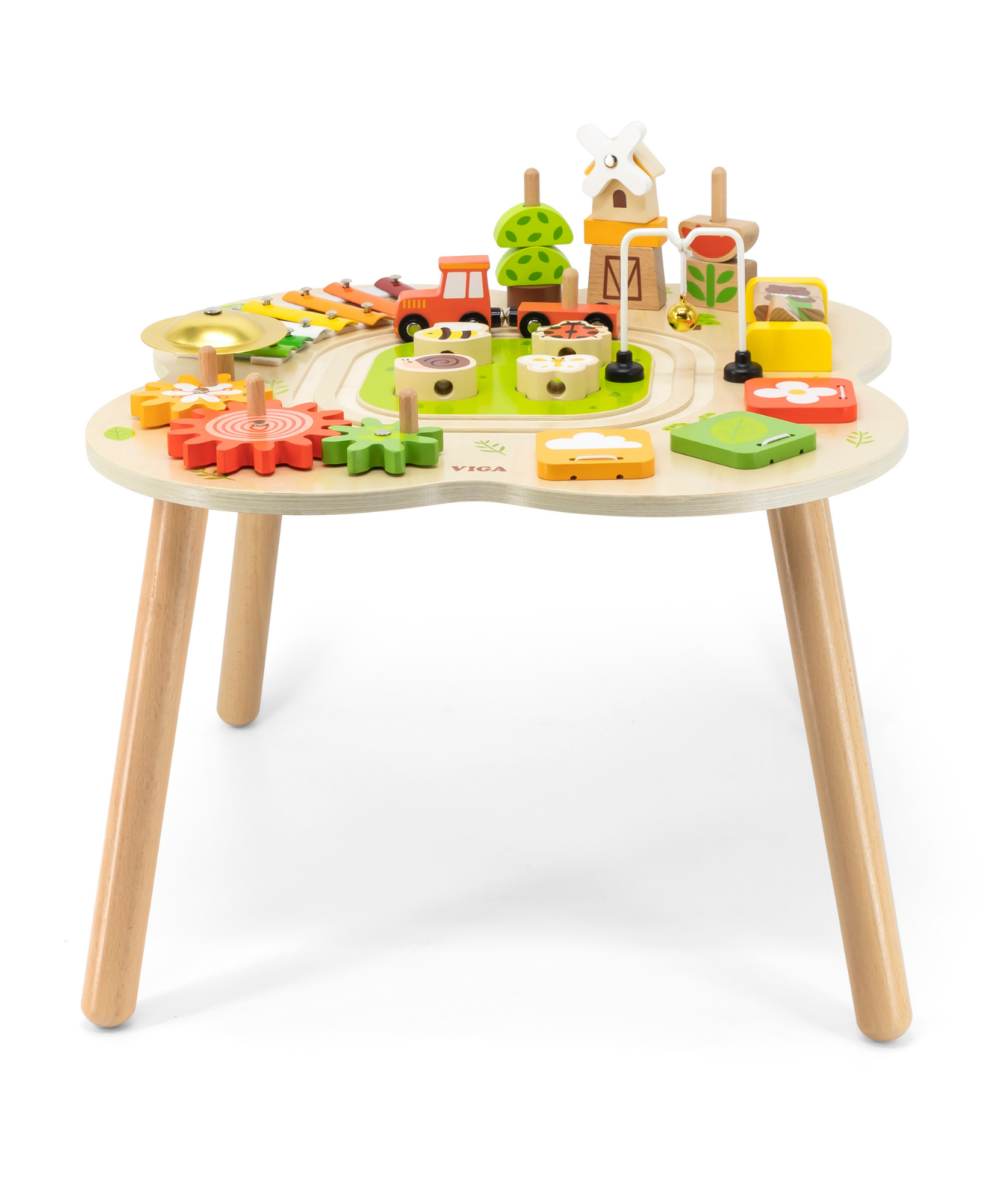 VIGA Farm-Themed Wooden Activity Table, Montessori Educational Toy with Train Track, Gears, Shape Sorter & Xylophone, Develops Fine Motor Skills, Logic & Creativity, for Boys & Girls Ages 18M+