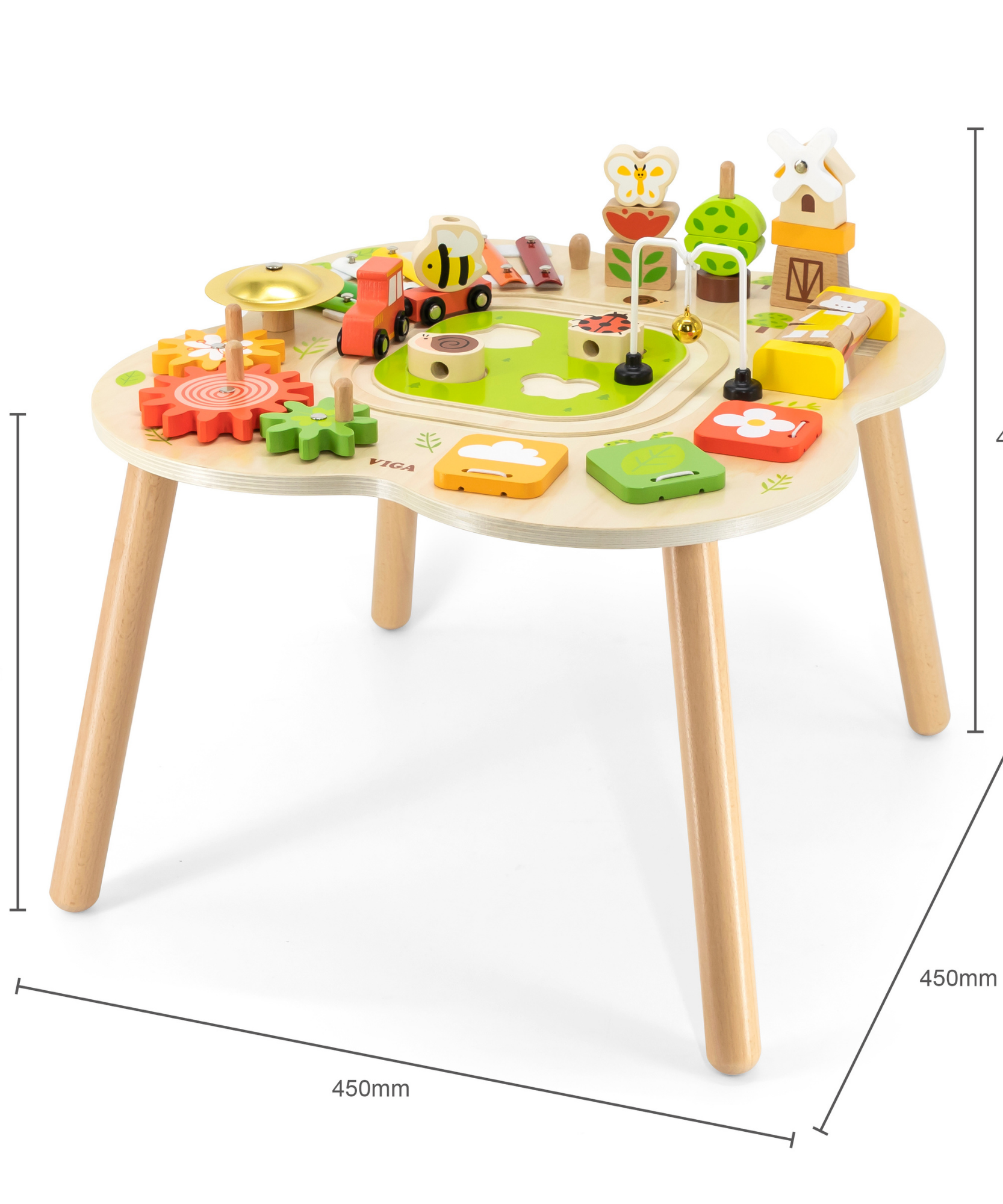 VIGA Farm-Themed Wooden Activity Table, Montessori Educational Toy with Train Track, Gears, Shape Sorter & Xylophone, Develops Fine Motor Skills, Logic & Creativity, for Boys & Girls Ages 18M+