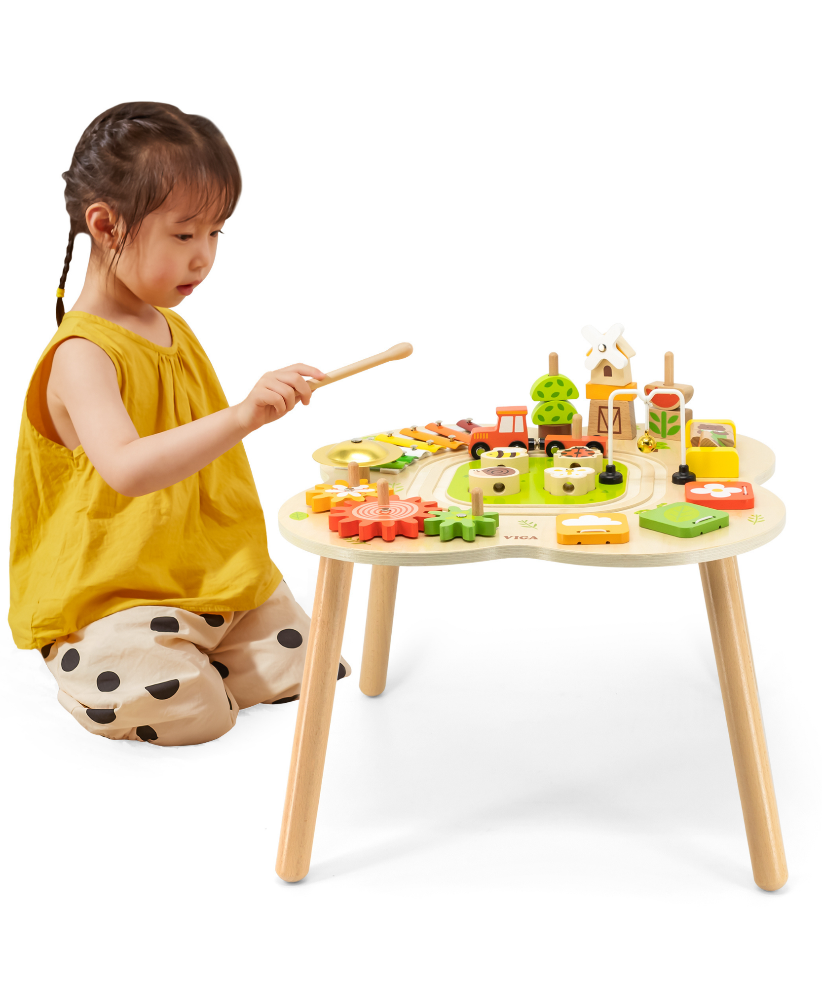 VIGA Farm-Themed Wooden Activity Table, Montessori Educational Toy with Train Track, Gears, Shape Sorter & Xylophone, Develops Fine Motor Skills, Logic & Creativity, for Boys & Girls Ages 18M+