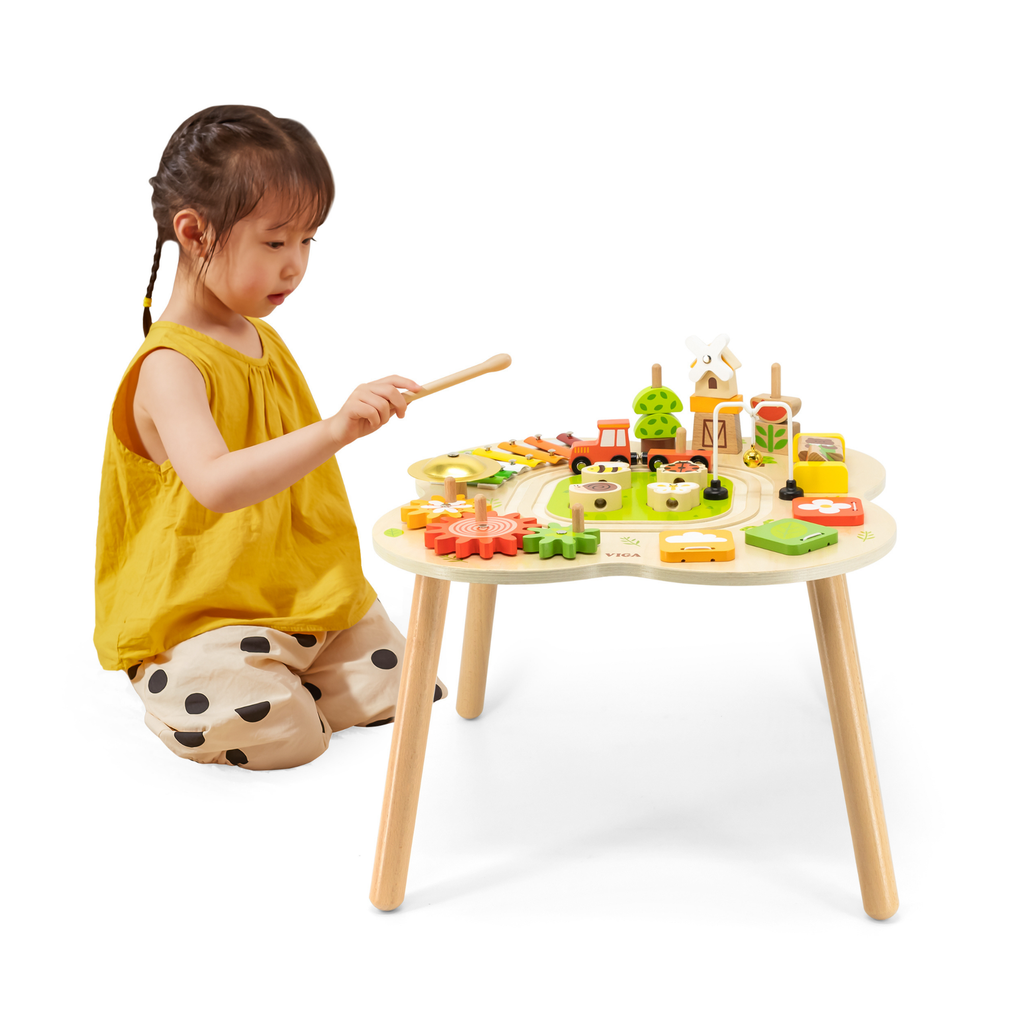 VIGA Farm-Themed Wooden Activity Table, Montessori Educational Toy with Train Track, Gears, Shape Sorter & Xylophone, Develops Fine Motor Skills, Logic & Creativity, for Boys & Girls Ages 18M+