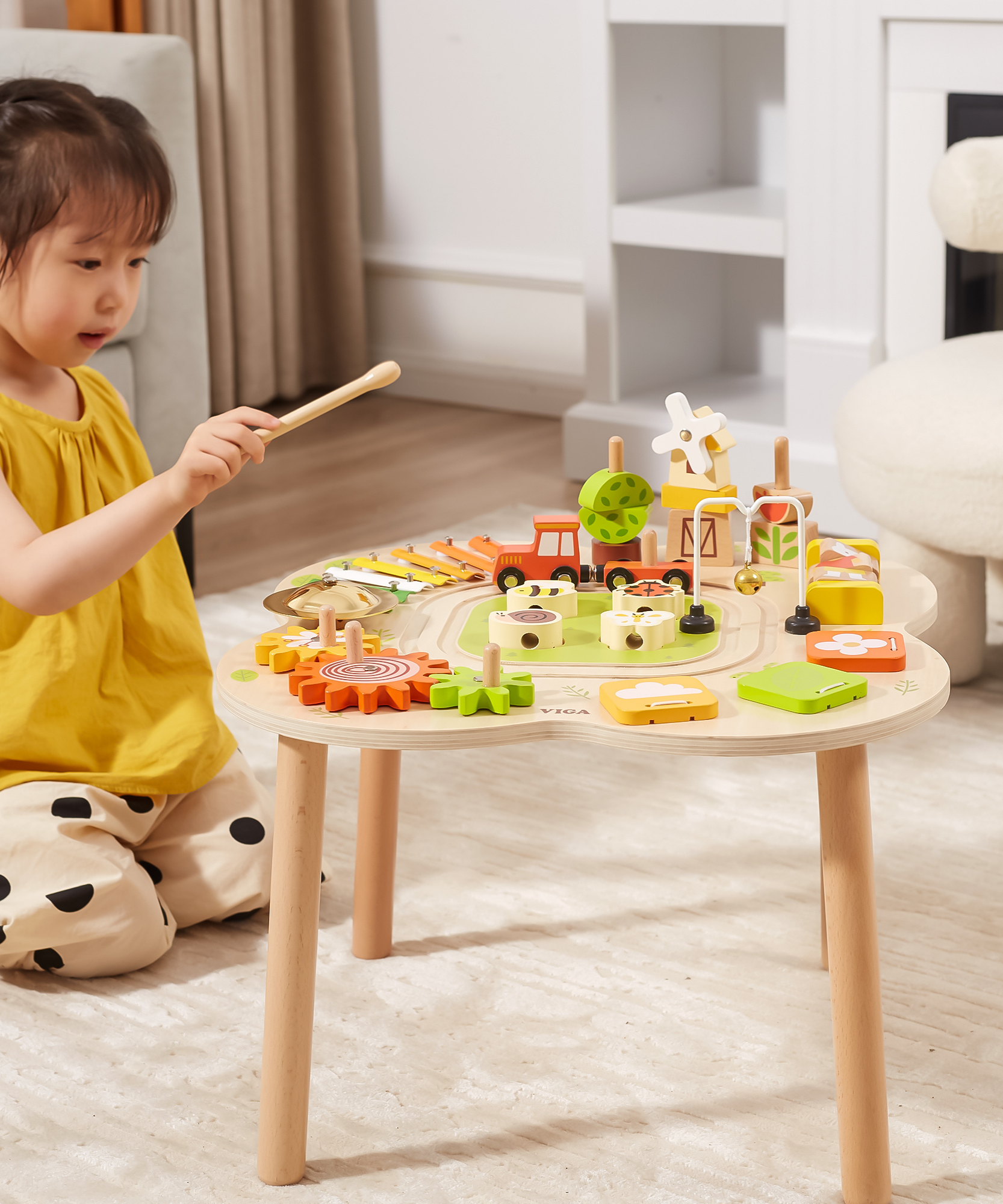 VIGA Farm-Themed Wooden Activity Table, Montessori Educational Toy with Train Track, Gears, Shape Sorter & Xylophone, Develops Fine Motor Skills, Logic & Creativity, for Boys & Girls Ages 18M+