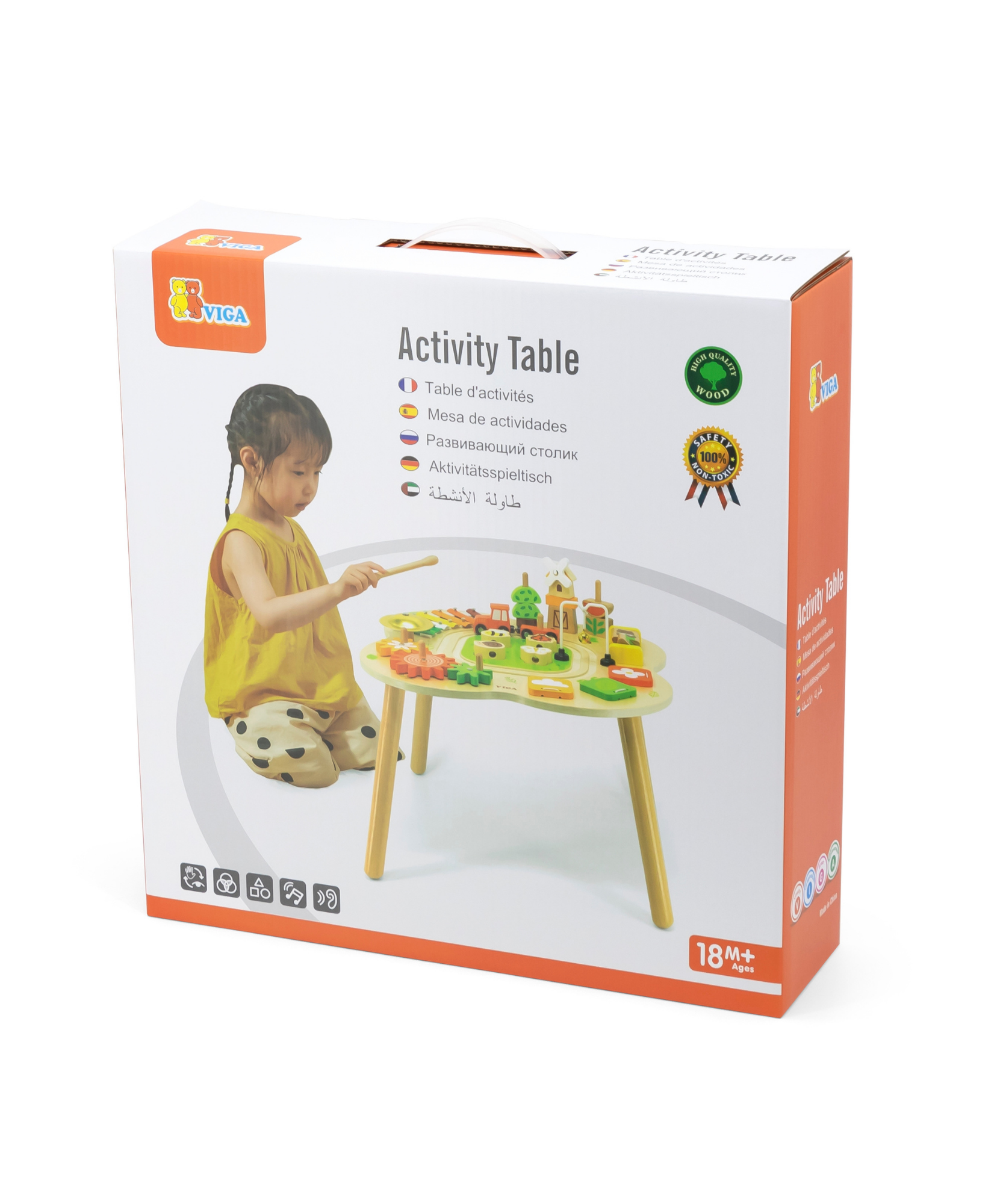 VIGA Farm-Themed Wooden Activity Table, Montessori Educational Toy with Train Track, Gears, Shape Sorter & Xylophone, Develops Fine Motor Skills, Logic & Creativity, for Boys & Girls Ages 18M+