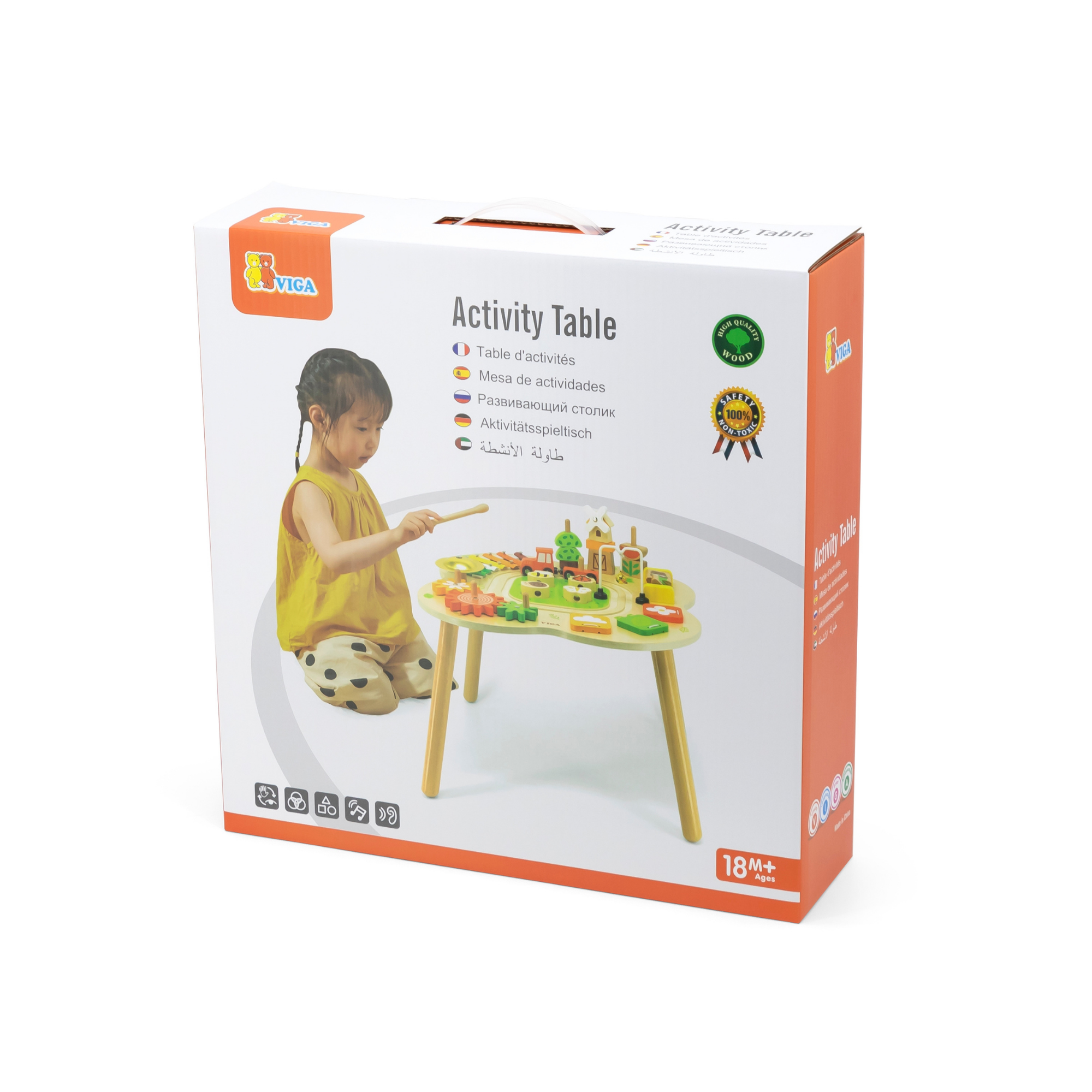 VIGA Farm-Themed Wooden Activity Table, Montessori Educational Toy with Train Track, Gears, Shape Sorter & Xylophone, Develops Fine Motor Skills, Logic & Creativity, for Boys & Girls Ages 18M+