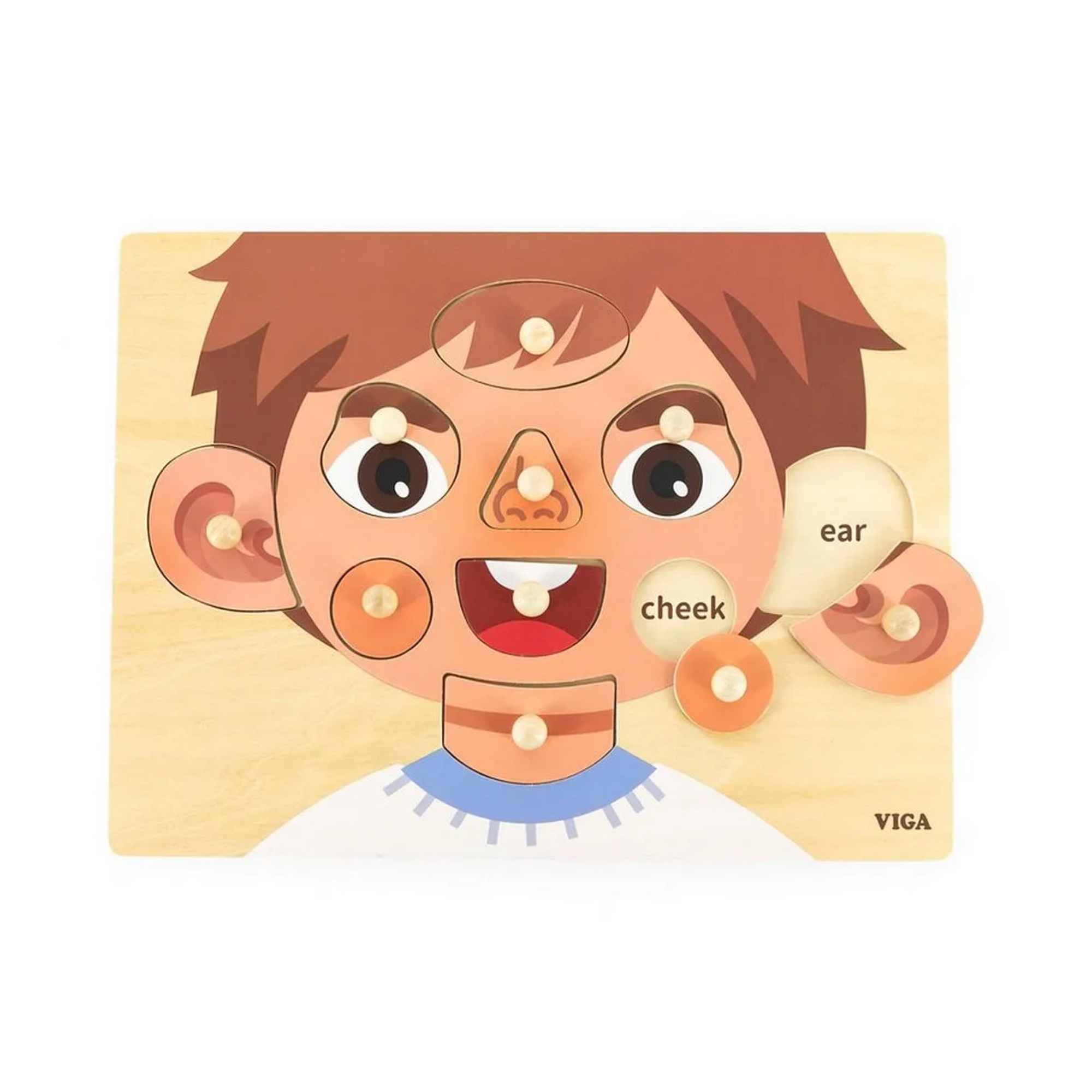 Viga Boys Face, 10 Piece Knob Puzzle, Montessori Wooden Toy, Develops Sensory, Cognitive & Fine Motor Skills, Non-Toxic & Eco-friendly Kids Educational Toy, Suitable for Boys and Girls Aged 18M+