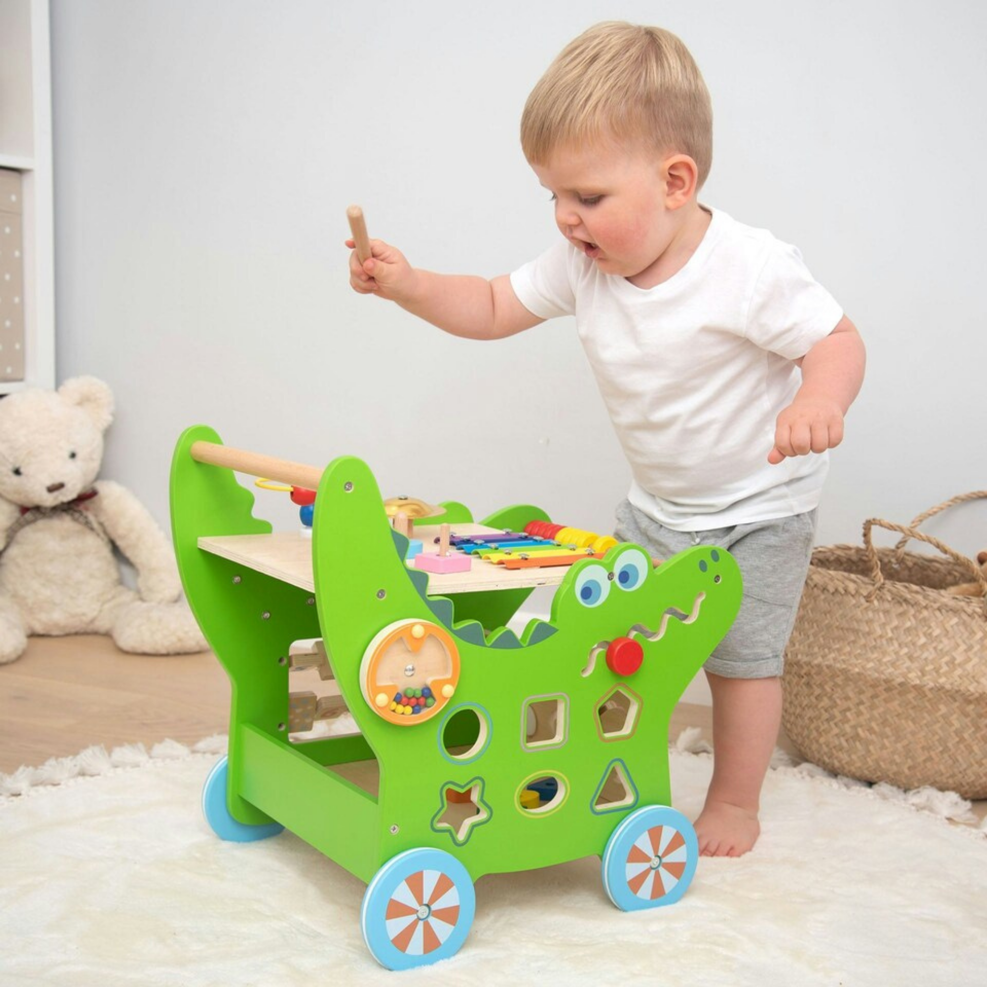 Viga Crocodile Toddler Activity Walker, 1 Piece Multifunctional Montessori Wooden Toy, Develops Motor Skills, Balance & Sensory Exploration, Non-Toxic & Eco-Friendly Educational Push Toy, Ages 1+