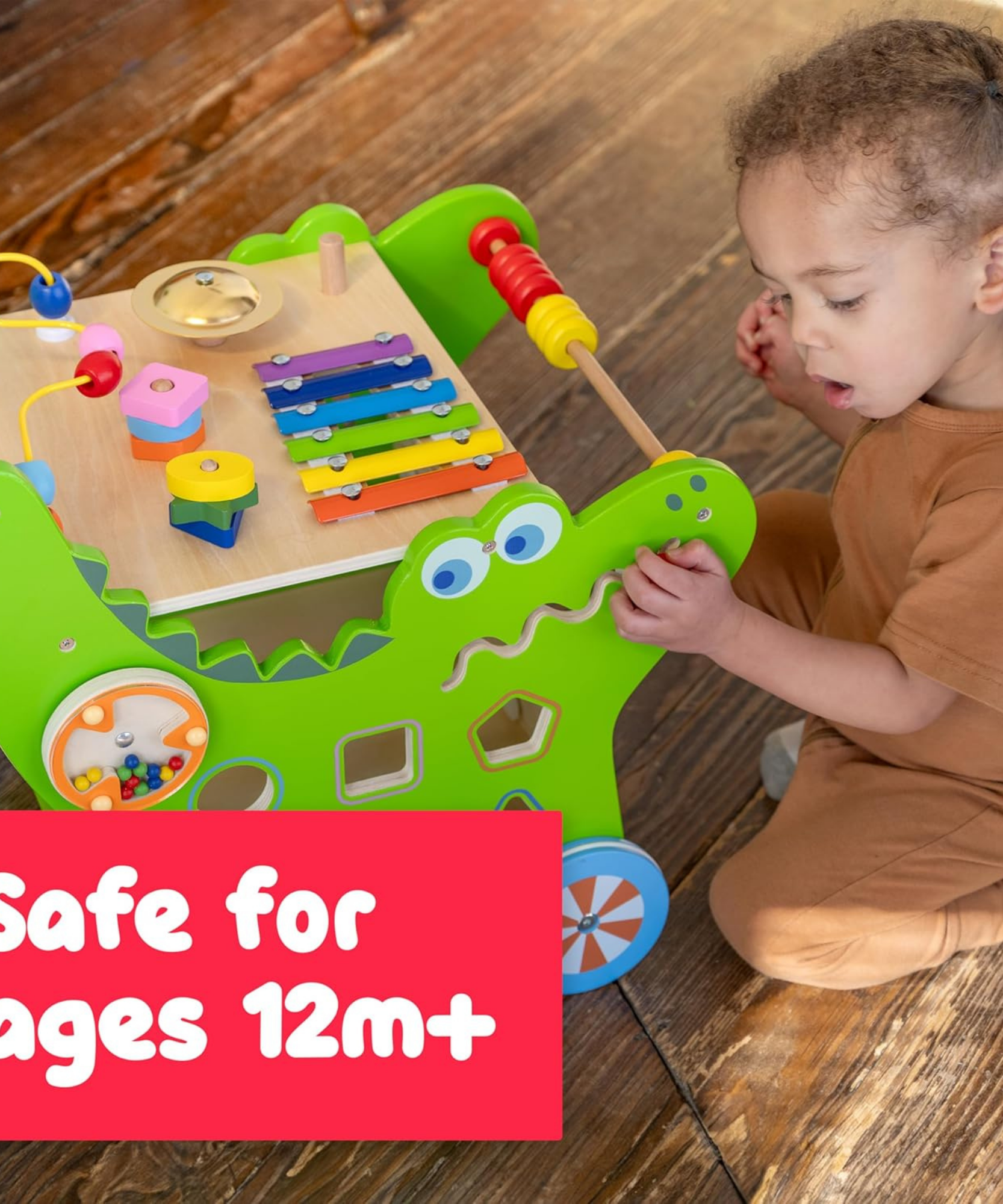 Viga Crocodile Toddler Activity Walker, 1 Piece Multifunctional Montessori Wooden Toy, Develops Motor Skills, Balance & Sensory Exploration, Non-Toxic & Eco-Friendly Educational Push Toy, Ages 1+