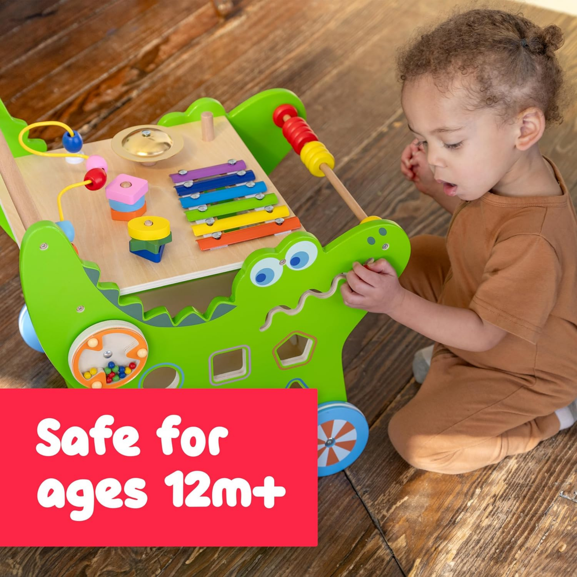 Viga Crocodile Toddler Activity Walker, 1 Piece Multifunctional Montessori Wooden Toy, Develops Motor Skills, Balance & Sensory Exploration, Non-Toxic & Eco-Friendly Educational Push Toy, Ages 1+