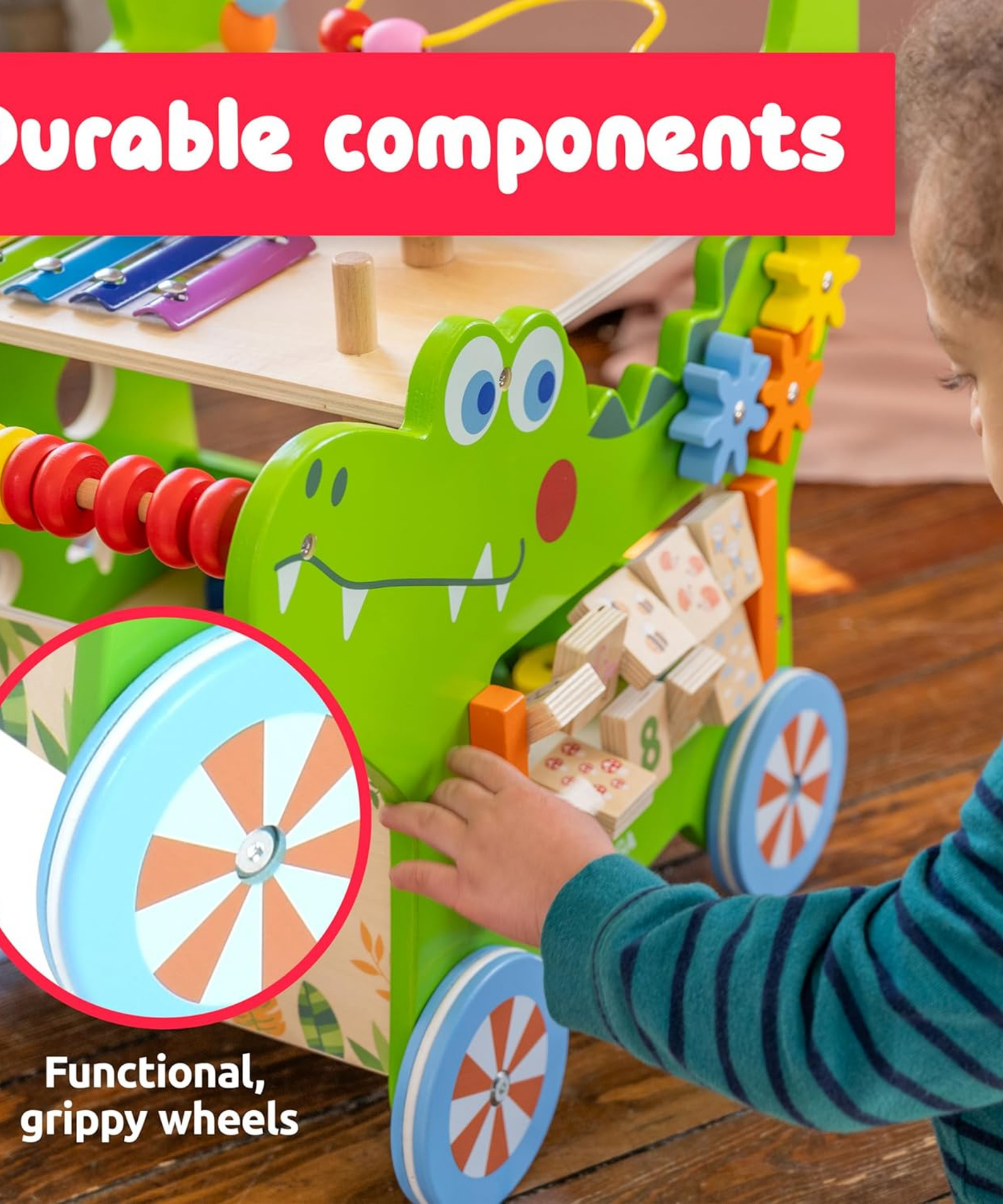 Viga Crocodile Toddler Activity Walker, 1 Piece Multifunctional Montessori Wooden Toy, Develops Motor Skills, Balance & Sensory Exploration, Non-Toxic & Eco-Friendly Educational Push Toy, Ages 1+