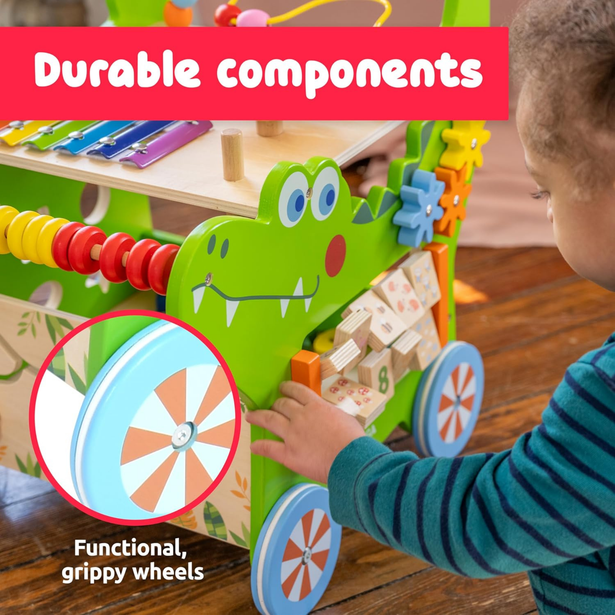 Viga Crocodile Toddler Activity Walker, 1 Piece Multifunctional Montessori Wooden Toy, Develops Motor Skills, Balance & Sensory Exploration, Non-Toxic & Eco-Friendly Educational Push Toy, Ages 1+