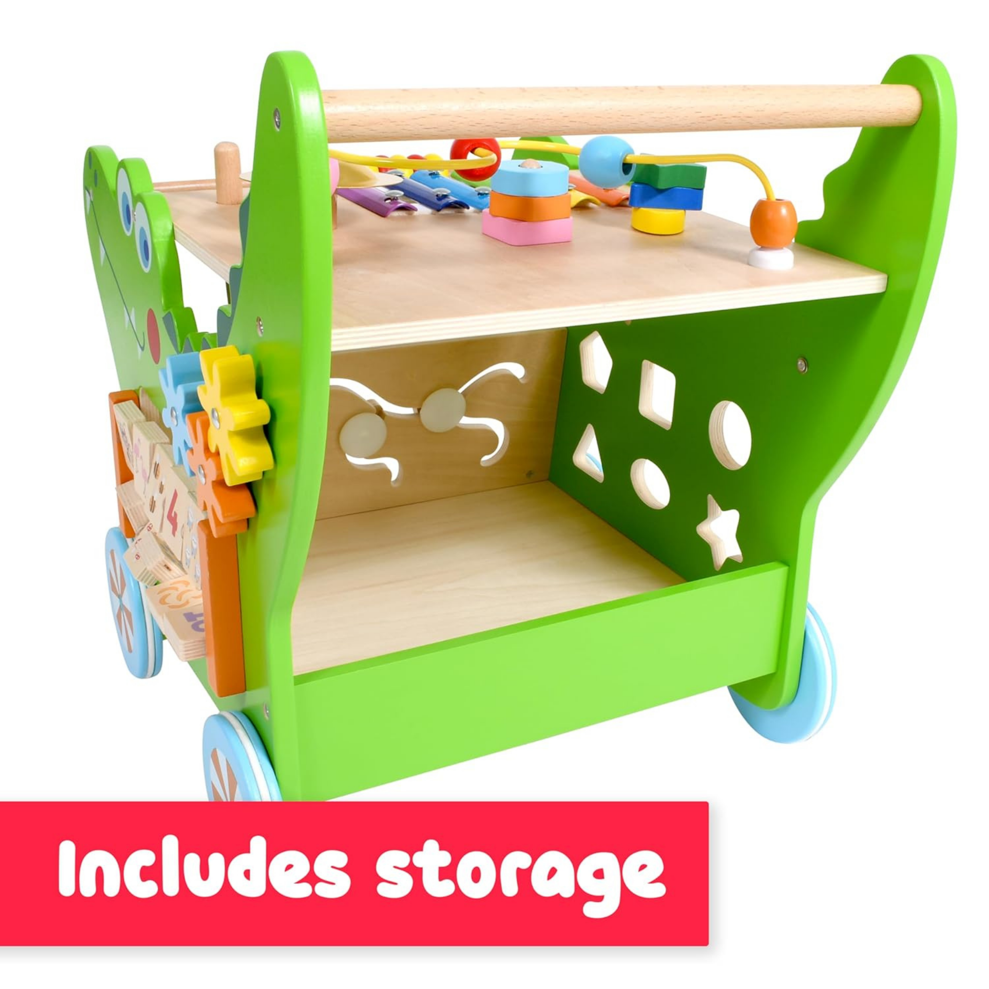 Viga Crocodile Toddler Activity Walker, 1 Piece Multifunctional Montessori Wooden Toy, Develops Motor Skills, Balance & Sensory Exploration, Non-Toxic & Eco-Friendly Educational Push Toy, Ages 1+