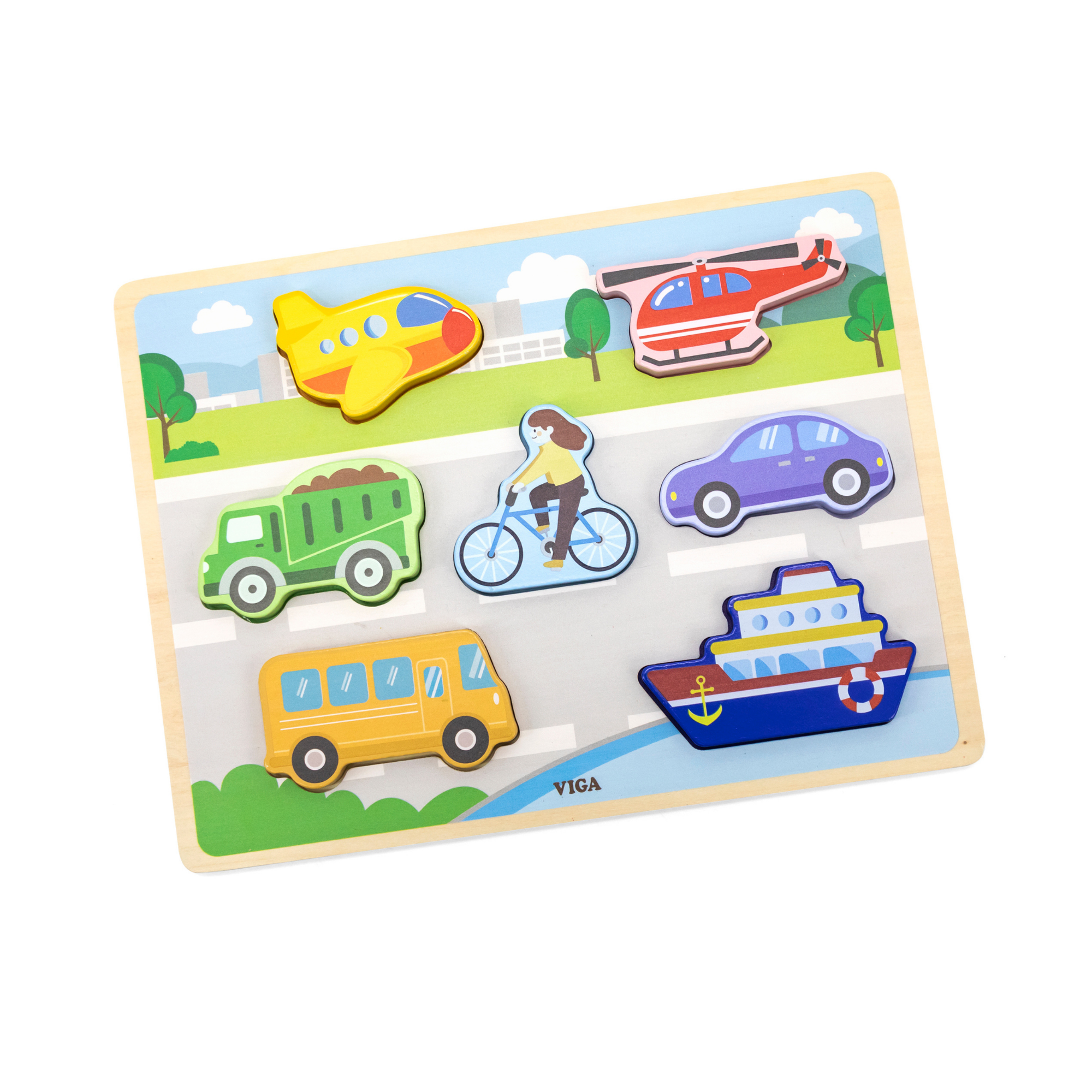 Viga Modes of Transport, 7 Piece Block Puzzle, Montessori Wooden Toy, Develops Sensory, Cognitive & Fine Motor Skills, Non-Toxic & Eco-friendly Kids Educational Toy, Suitable for Children Aged 18M+