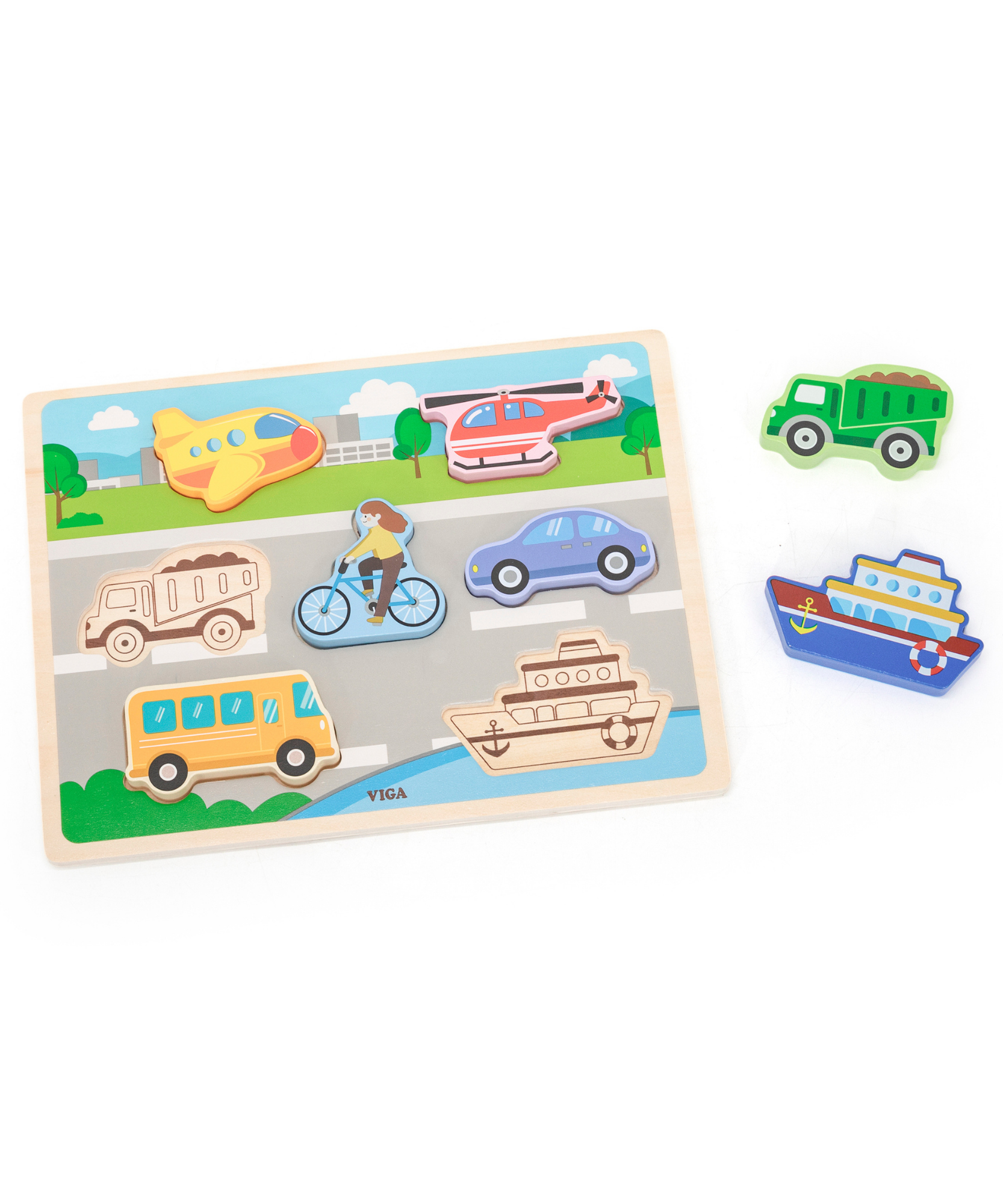Viga Modes of Transport, 7 Piece Block Puzzle, Montessori Wooden Toy, Develops Sensory, Cognitive & Fine Motor Skills, Non-Toxic & Eco-friendly Kids Educational Toy, Suitable for Children Aged 18M+