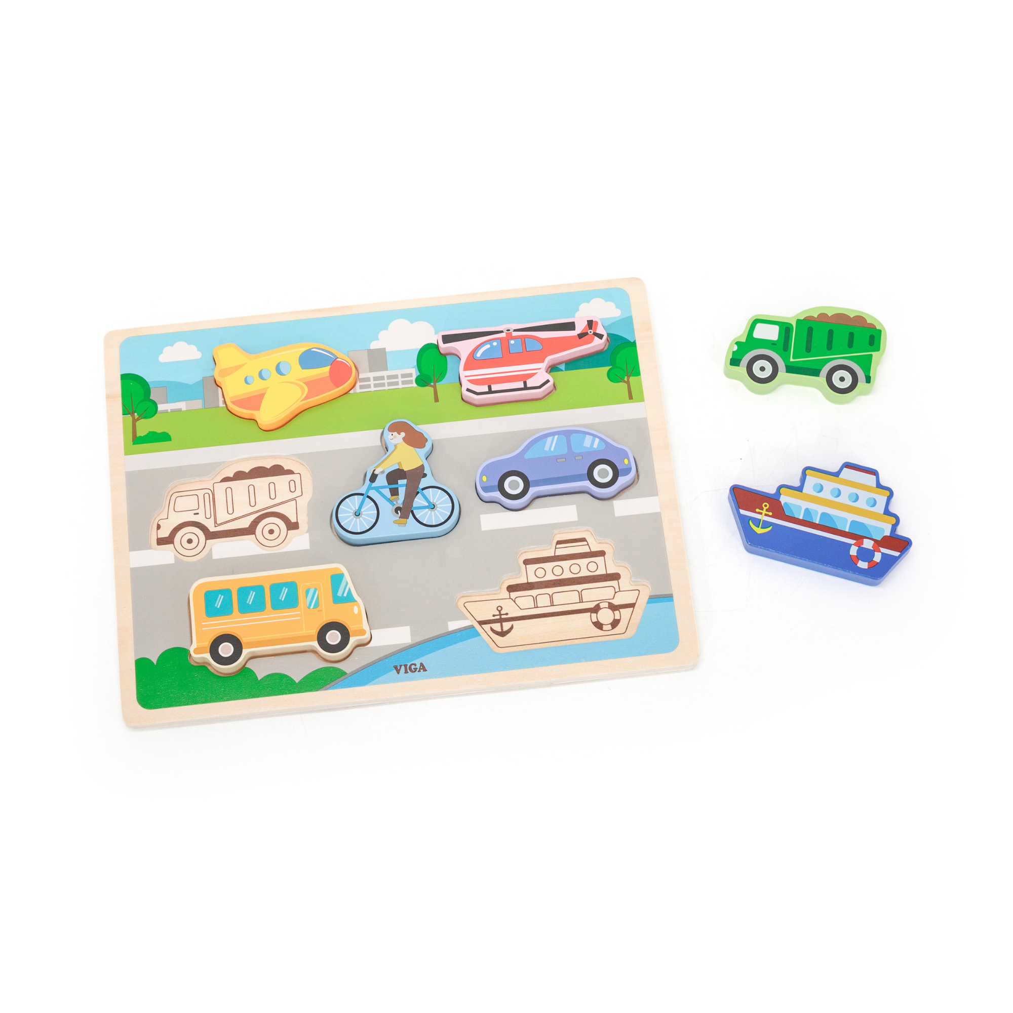 Viga Modes of Transport, 7 Piece Block Puzzle, Montessori Wooden Toy, Develops Sensory, Cognitive & Fine Motor Skills, Non-Toxic & Eco-friendly Kids Educational Toy, Suitable for Children Aged 18M+