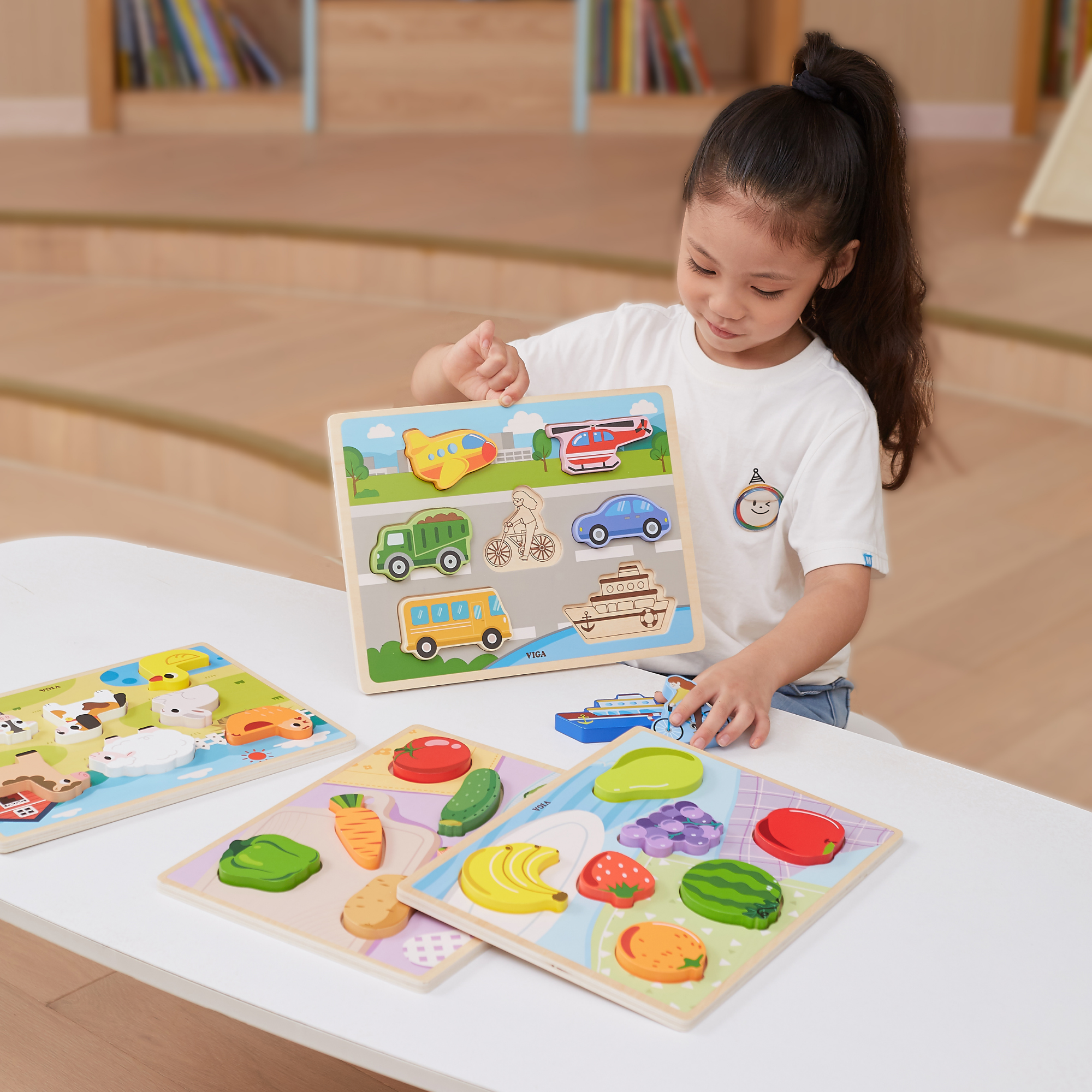 Viga Modes of Transport, 7 Piece Block Puzzle, Montessori Wooden Toy, Develops Sensory, Cognitive & Fine Motor Skills, Non-Toxic & Eco-friendly Kids Educational Toy, Suitable for Children Aged 18M+