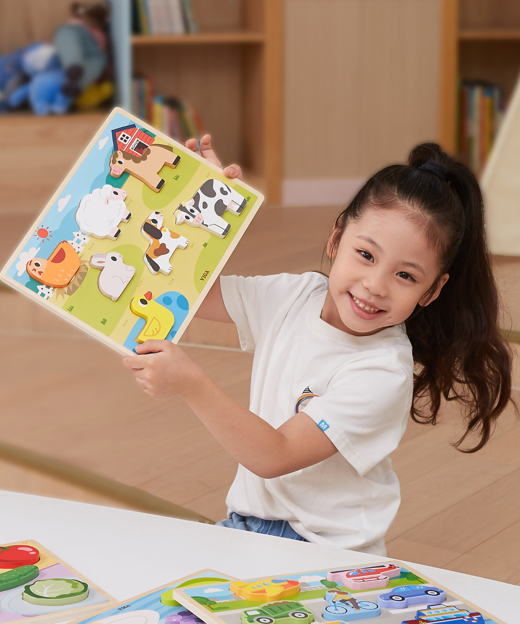 Viga Farm Animals, 7 Piece Block Puzzle, Montessori Wooden Toy, Develops Sensory, Cognitive & Fine Motor Skills, Non-Toxic & Eco-friendly Kids Educational Toy, Suitable for Boys and Girls Aged 18M+