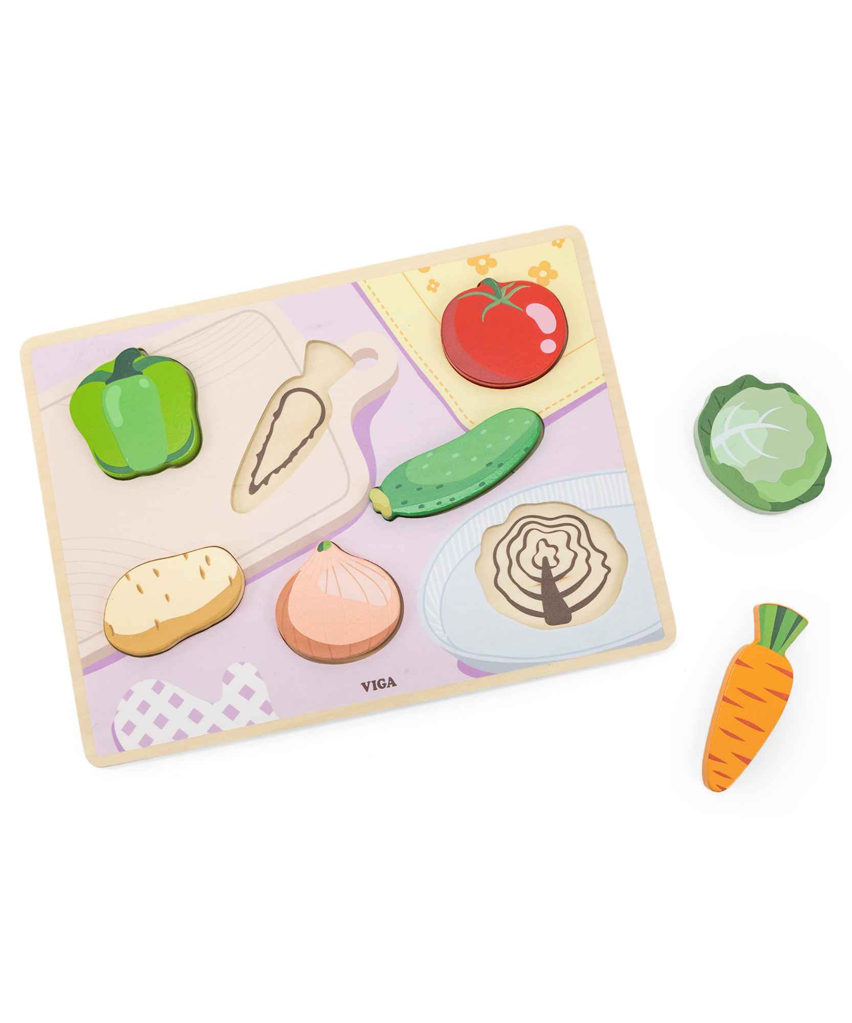 Viga Vegetables, 7 Piece Block Puzzle, Montessori Wooden Toy, Develops Sensory, Cognitive & Fine Motor Skills, Non-Toxic & Eco-friendly Kids Educational Toy, Suitable for Boys and Girls Aged 18M+