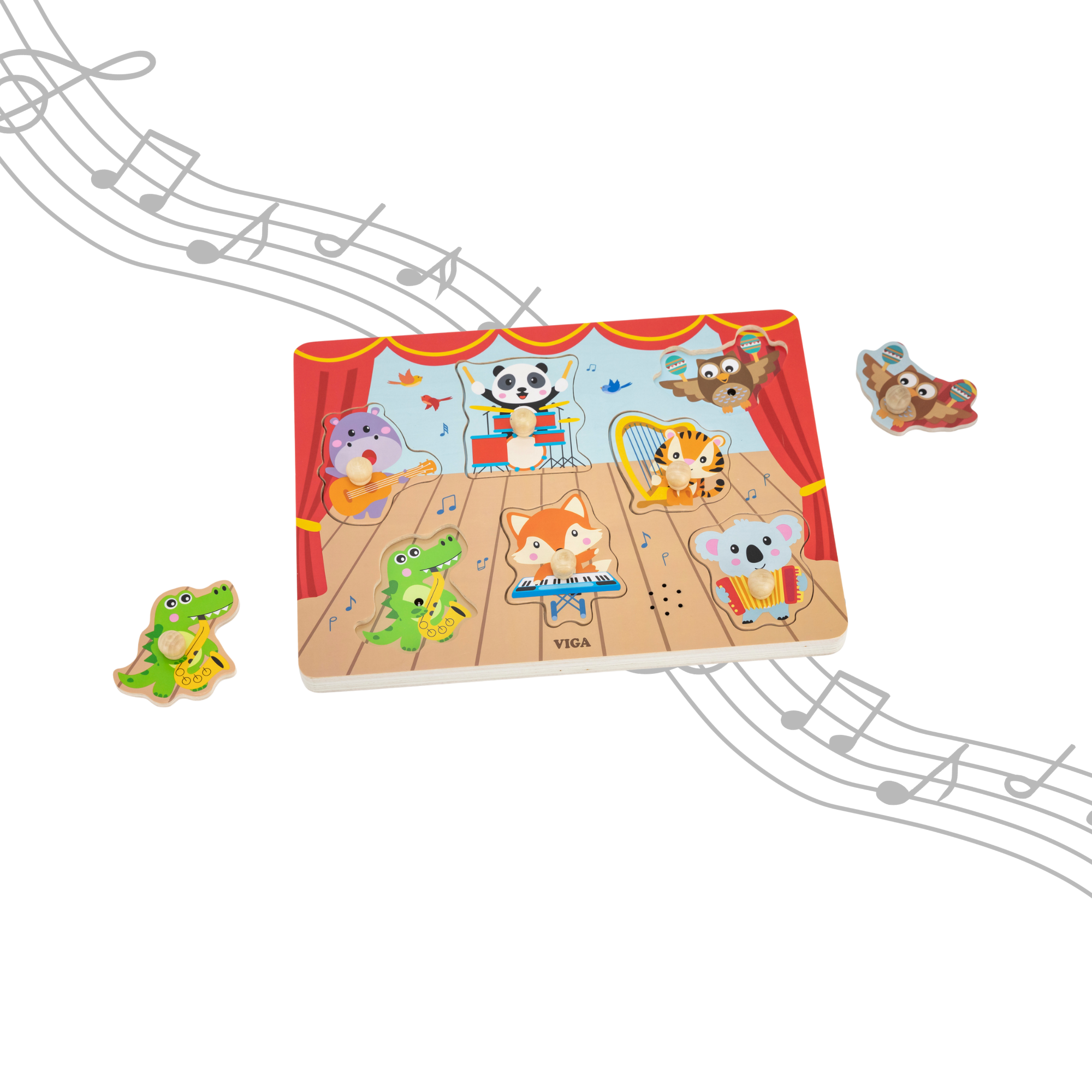 لعبة فيجا الموسيقية للحيوانات البرية، أحجية مكونة من 7 قطع مع صوت، لعبة مونتيسوري خشبية، تُنمّي المهارات الحسية والإدراكية والحركية الدقيقة، غير سامة وصديقة للبيئة، مناسبة للأطفال من عمر 18 شهرًا فما فوق