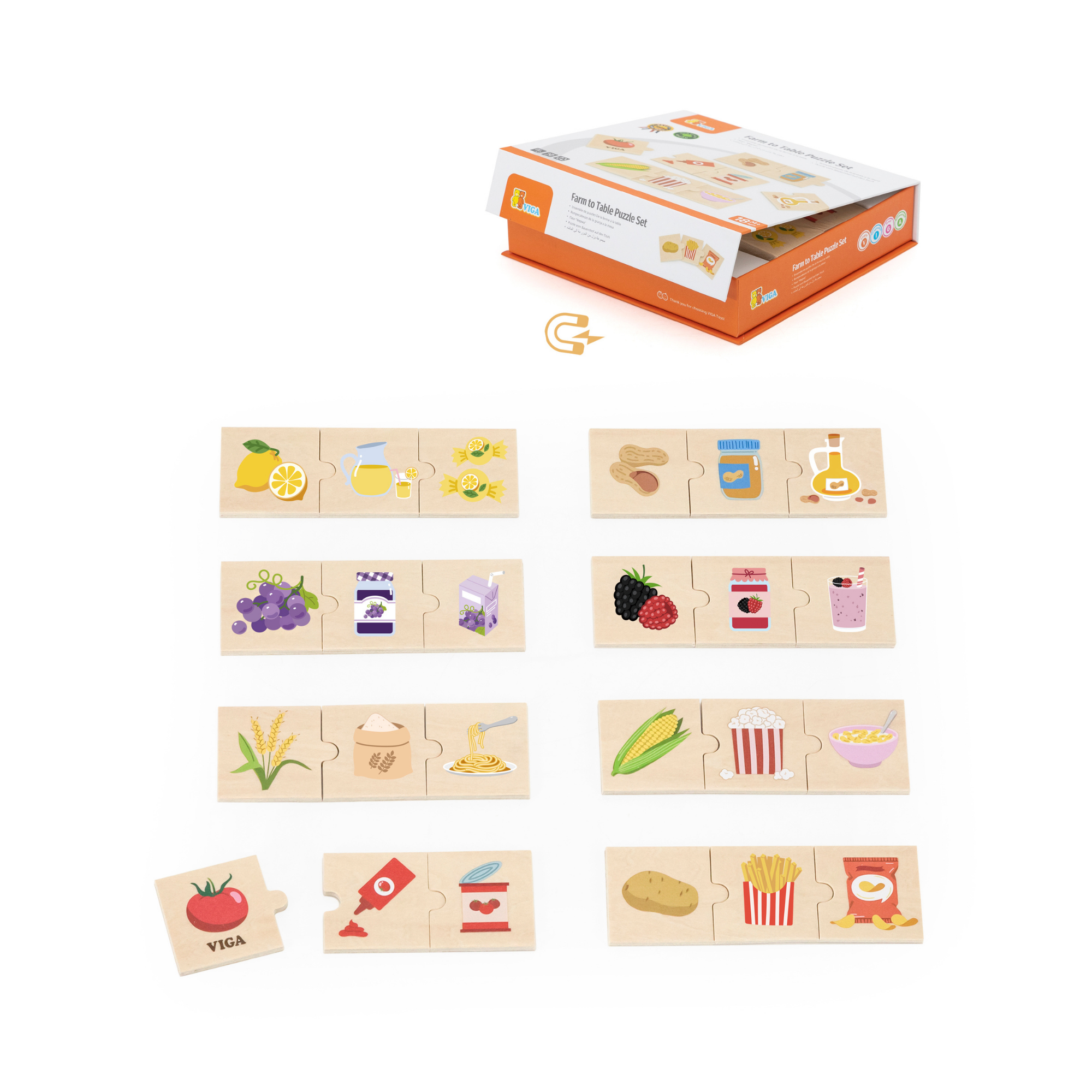 Viga Connecting Game, Food, Farm to Table, 24 Piece Mix & Match Puzzle, Montessori Wooden Toy, Develops Sensory, Cognitive & Fine Motor Skills, Non-Toxic & Eco-friendly Kids Educational Toy, 18M+