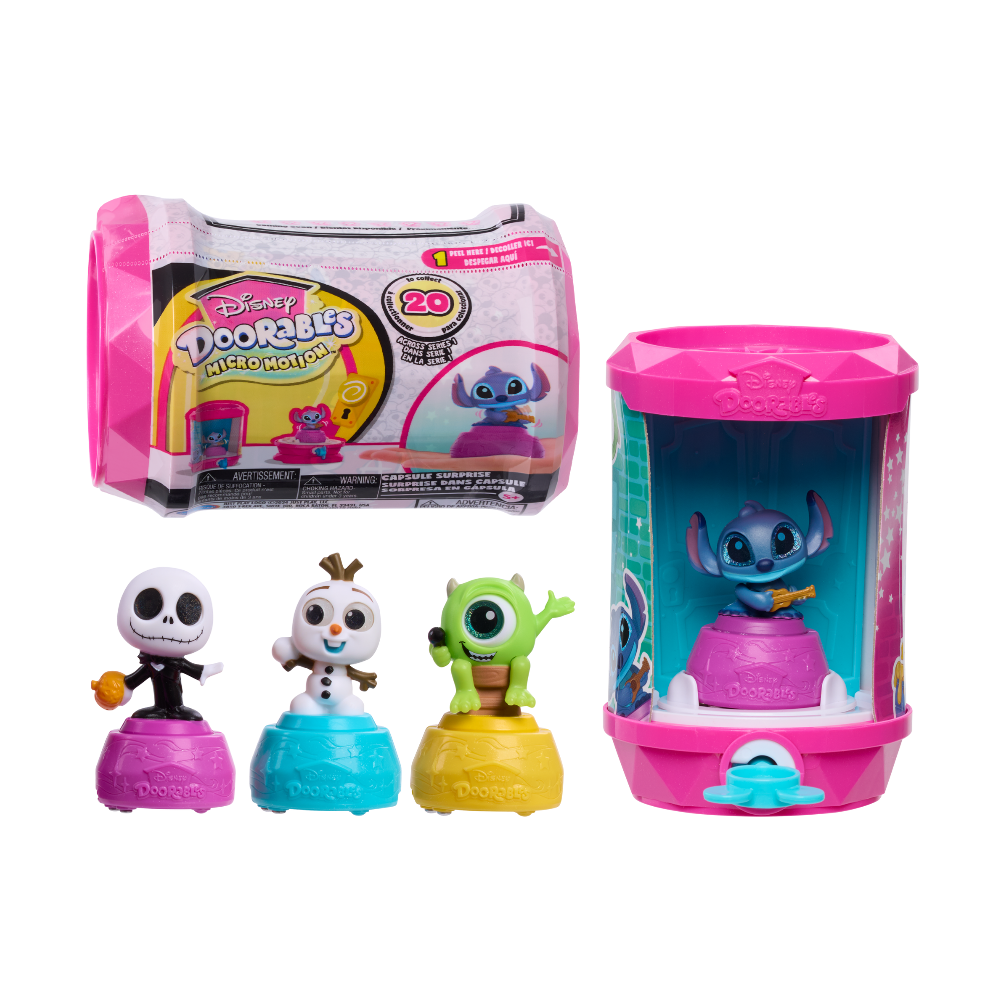 تتميز كبسولات ديزني دورابلز مايكرو موشن سيريز 1 بـ 1 من 12 شخصية متحركة صغيرة قابلة للتجميع، لعبة صغيرة مقاس 1.5 بوصة (3.8 سم)، لعبة أطفال مرخصة رسميًا للأعمار من 5 سنوات فما فوق من جاست بلاي