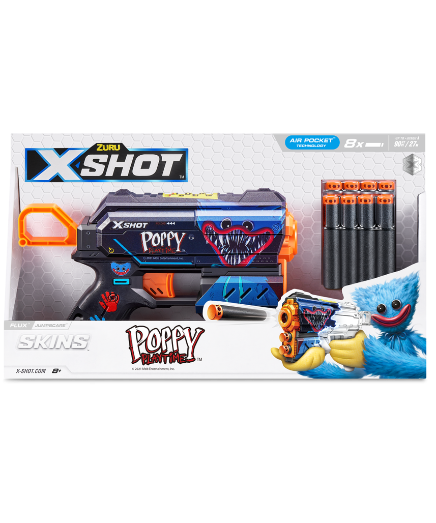 XSHOT Skins Flux, Poppy Playtime Jumpscare Edition (8 Darts), Foam Dart Blaster with Air Pocket Dart Technology, Shoots up to 27m, Collectible Toy Gun for Kids Ages 8+, Boys, Girls, Teens