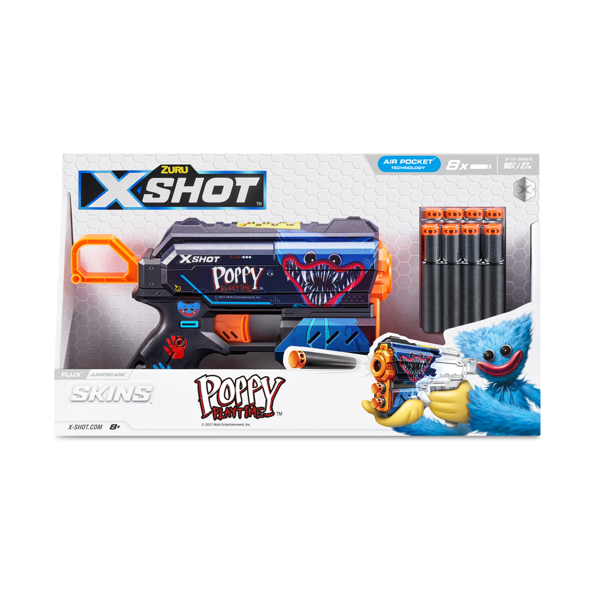XSHOT Skins Flux, Poppy Playtime Jumpscare Edition (8 Darts), Foam Dart Blaster with Air Pocket Dart Technology, Shoots up to 27m, Collectible Toy Gun for Kids Ages 8+, Boys, Girls, Teens