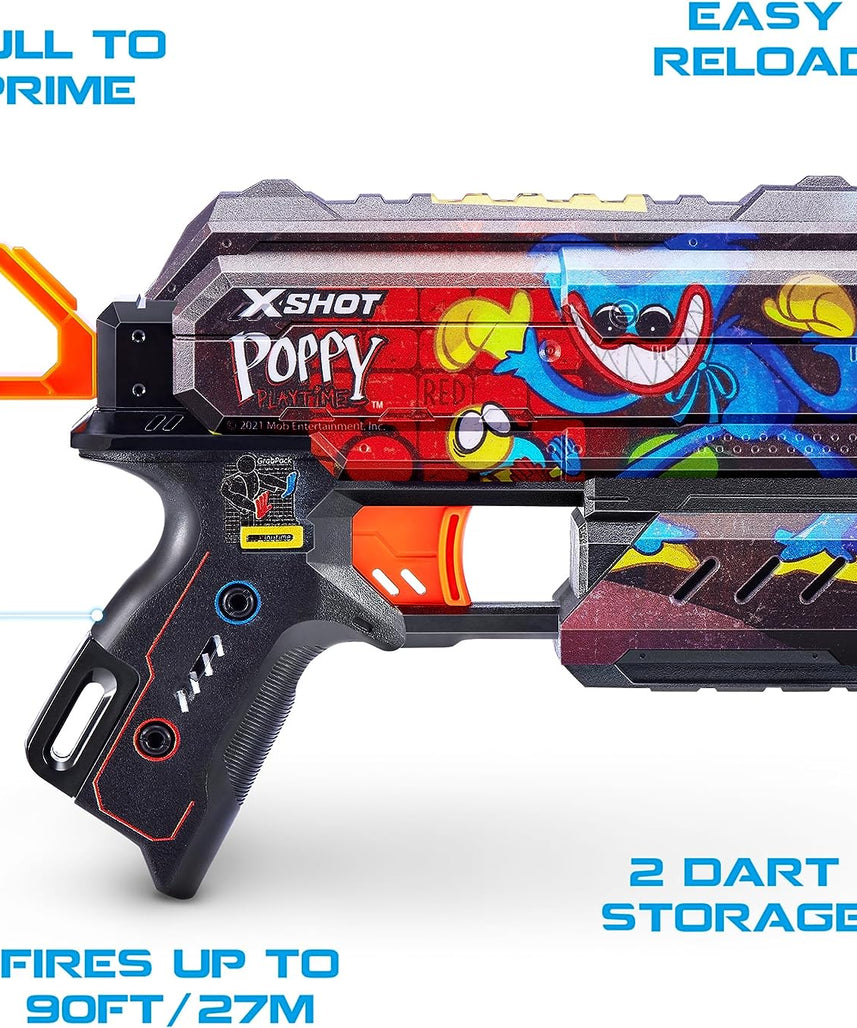 XSHOT Skins Flux, Poppy Playtime Jumpscare Edition (8 Darts), Foam Dart Blaster with Air Pocket Dart Technology, Shoots up to 27m, Collectible Toy Gun for Kids Ages 8+, Boys, Girls, Teens