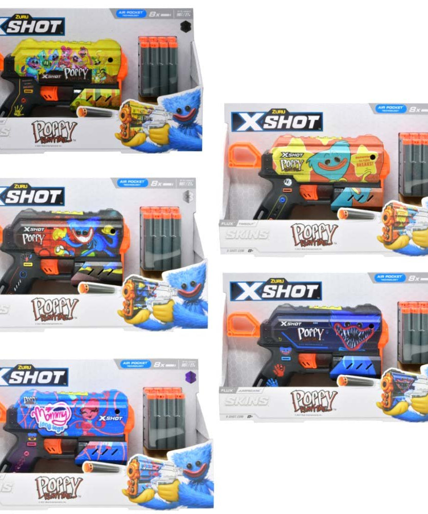 XSHOT Skins Flux, Poppy Playtime Jumpscare Edition (8 Darts), Foam Dart Blaster with Air Pocket Dart Technology, Shoots up to 27m, Collectible Toy Gun for Kids Ages 8+, Boys, Girls, Teens