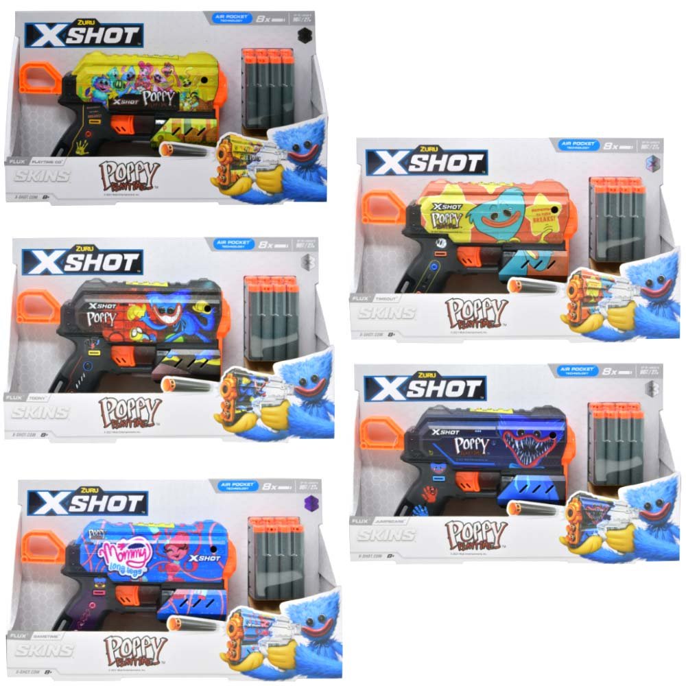 XSHOT Skins Flux, Poppy Playtime Jumpscare Edition (8 Darts), Foam Dart Blaster with Air Pocket Dart Technology, Shoots up to 27m, Collectible Toy Gun for Kids Ages 8+, Boys, Girls, Teens