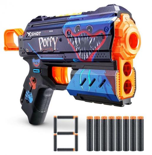 XSHOT Skins Flux, Poppy Playtime Jumpscare Edition (8 Darts), Foam Dart Blaster with Air Pocket Dart Technology, Shoots up to 27m, Collectible Toy Gun for Kids Ages 8+, Boys, Girls, Teens