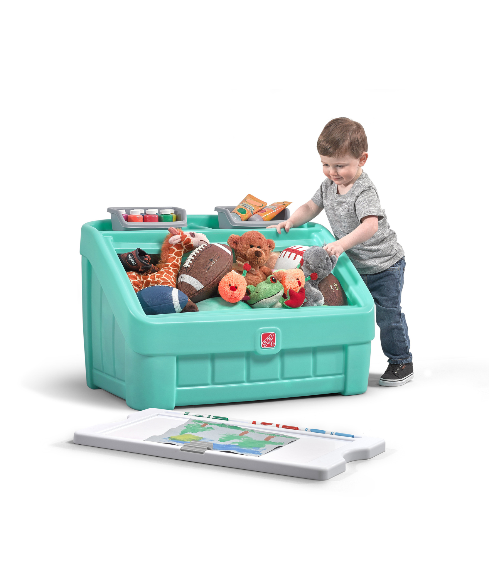 Step2 2 in 1 Toy Box and Art Lid, Multi-Functional Indoor Kids Toy Bin with Clip, 4.5 Cubic Feet Storage Compartment Space, Suitable for Children both Boys and Girls Aged 2+