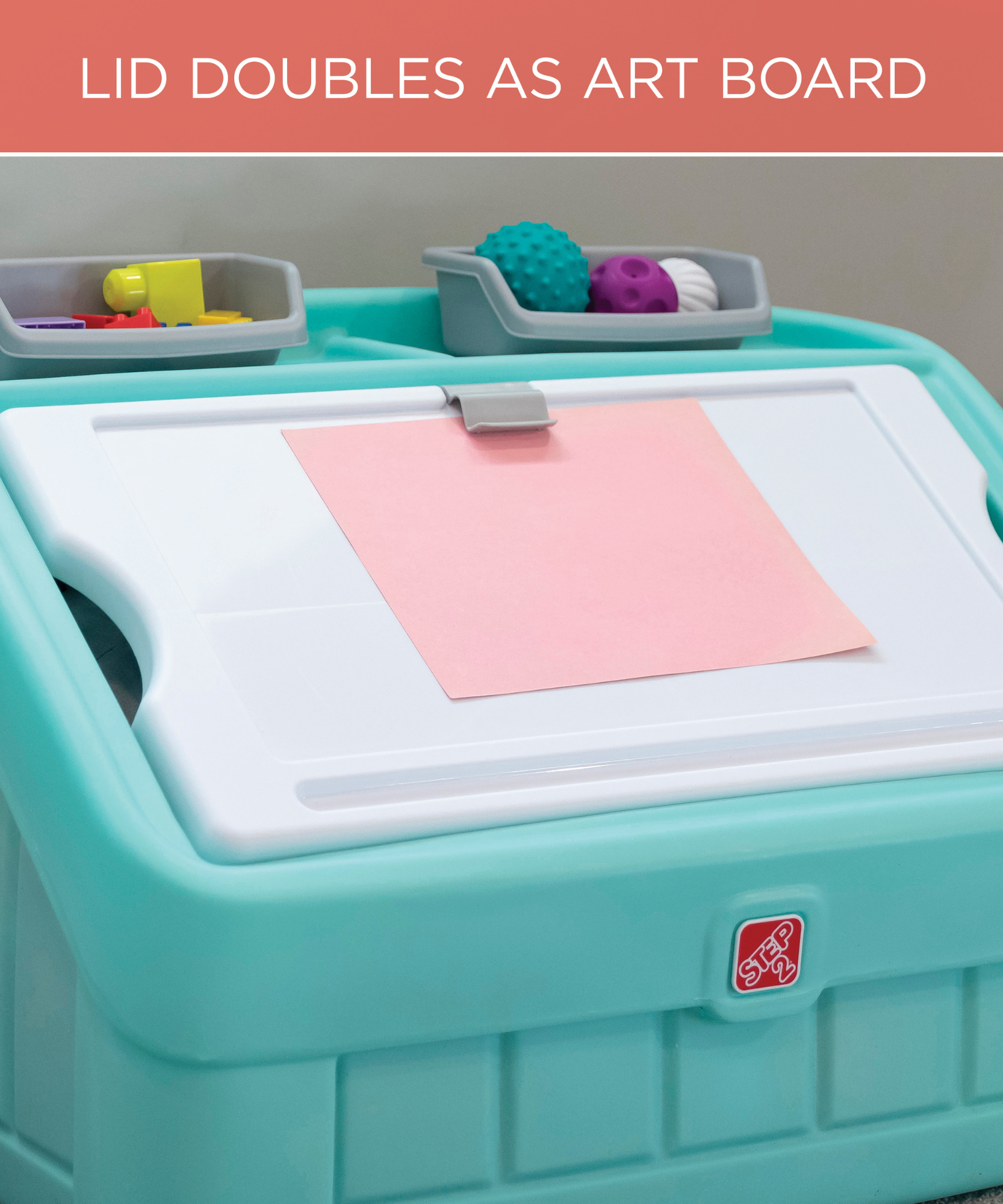 Step2 2 in 1 Toy Box and Art Lid, Multi-Functional Indoor Kids Toy Bin with Clip, 4.5 Cubic Feet Storage Compartment Space, Suitable for Children both Boys and Girls Aged 2+