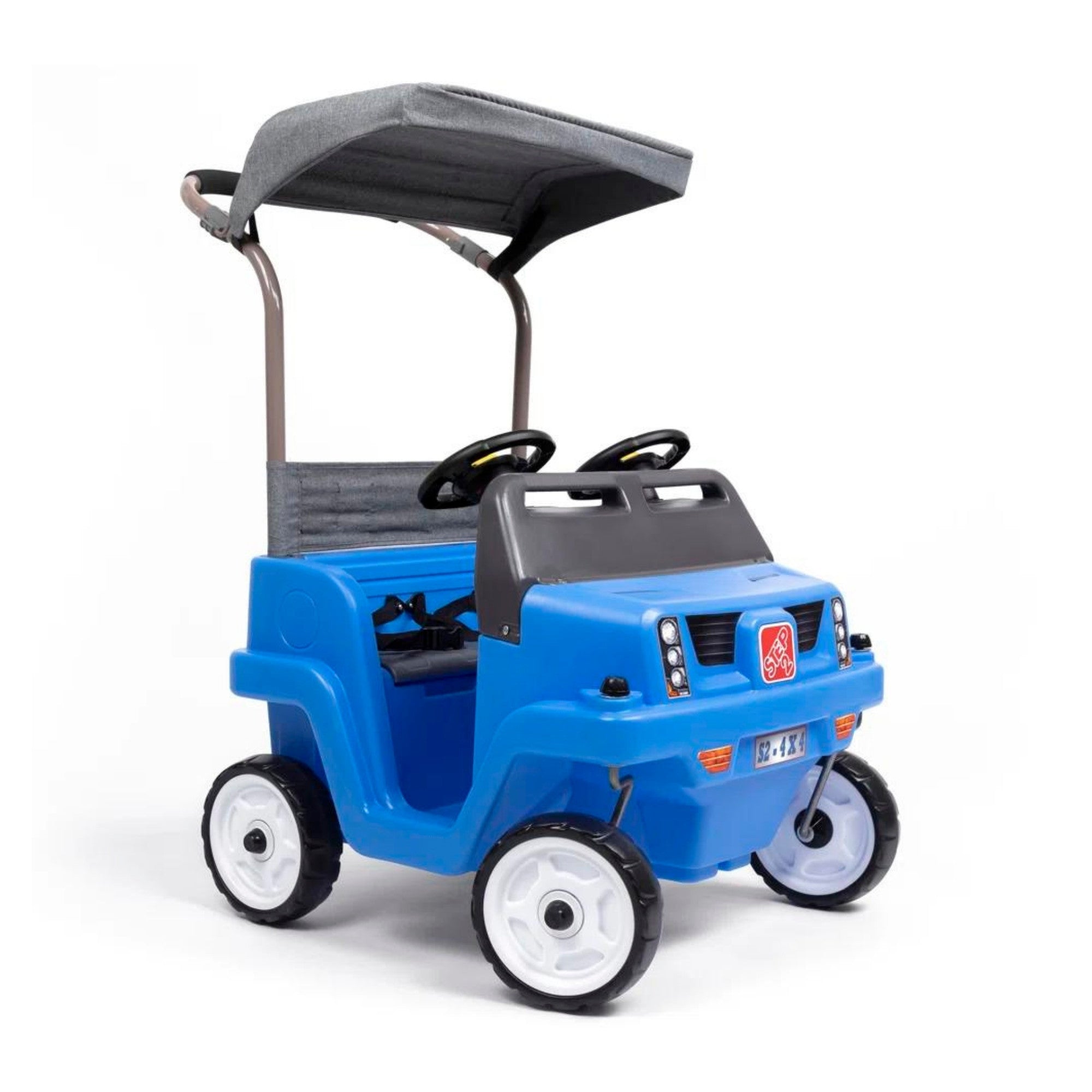 Step2 Side-By-Side SUV, Dual Seater Kids Push Car with Canopy, Easy to Store Ride On Toy with Seatbelt, Horn and Under Seat Storage, Suitable for Children both Boys and Girls Aged 18m and Above, Blue, Grey