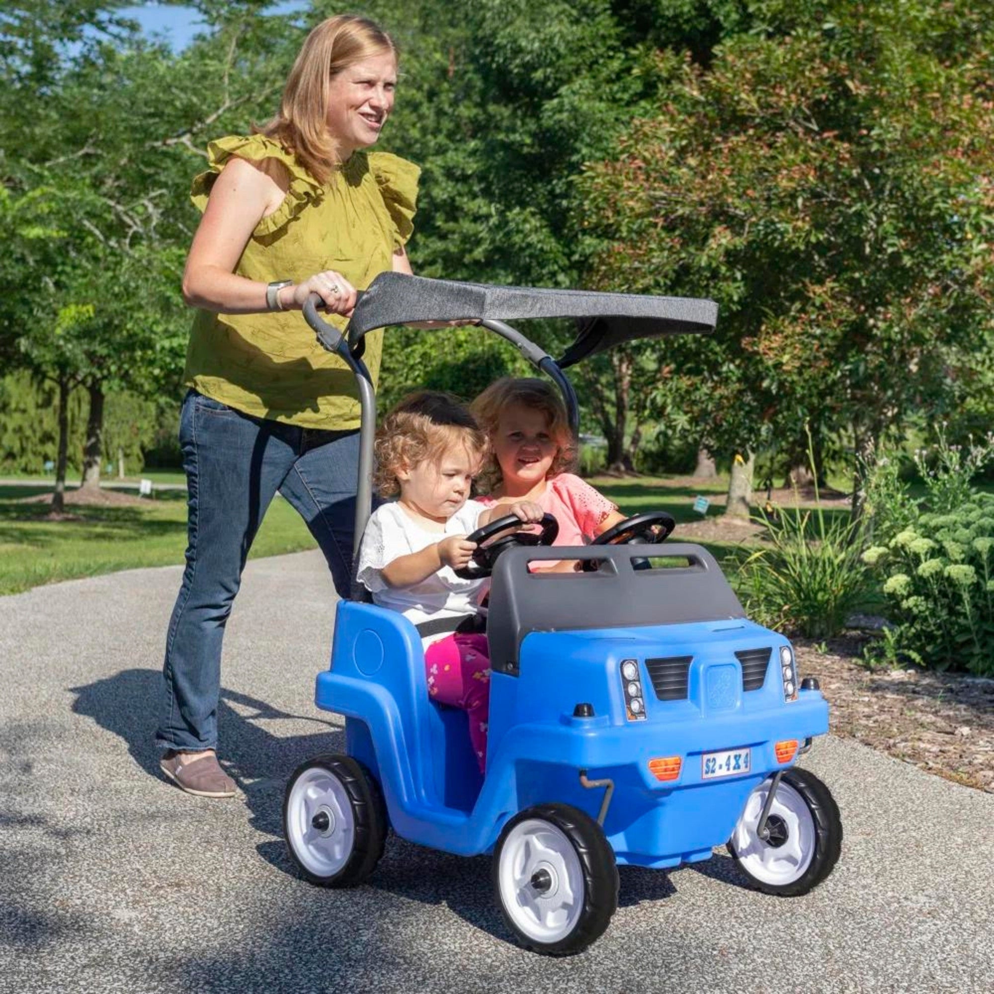 Step2 Side-By-Side SUV, Dual Seater Kids Push Car with Canopy, Easy to Store Ride On Toy with Seatbelt, Horn and Under Seat Storage, Suitable for Children both Boys and Girls Aged 18m and Above, Blue, Grey