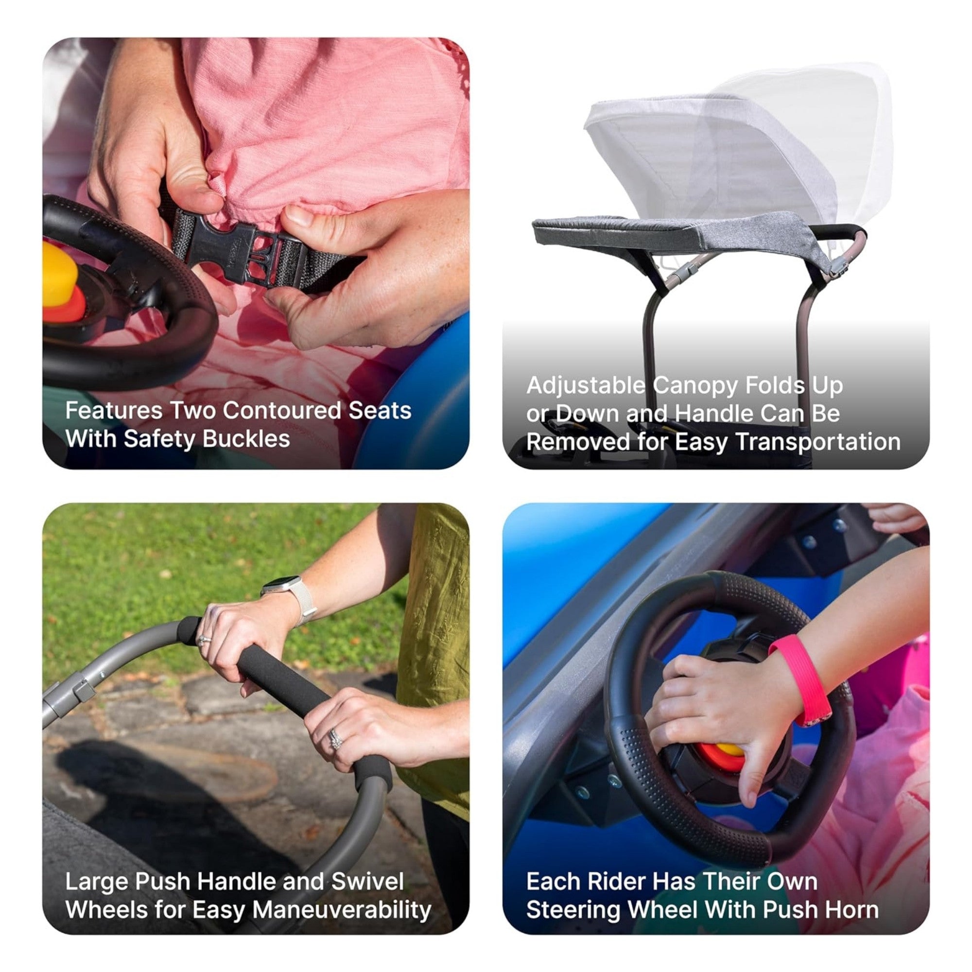 سيارة دفع رباعي جانبية من ستيب 2، سيارة دفع للأطفال بمقعدين مع مظلة، لعبة سهلة التخزين مع حزام أمان وبوق وتخزين أسفل المقعد، مناسبة للأطفال من الأولاد والبنات من سن 18 شهرًا فما فوق، باللون الأزرق والرمادي