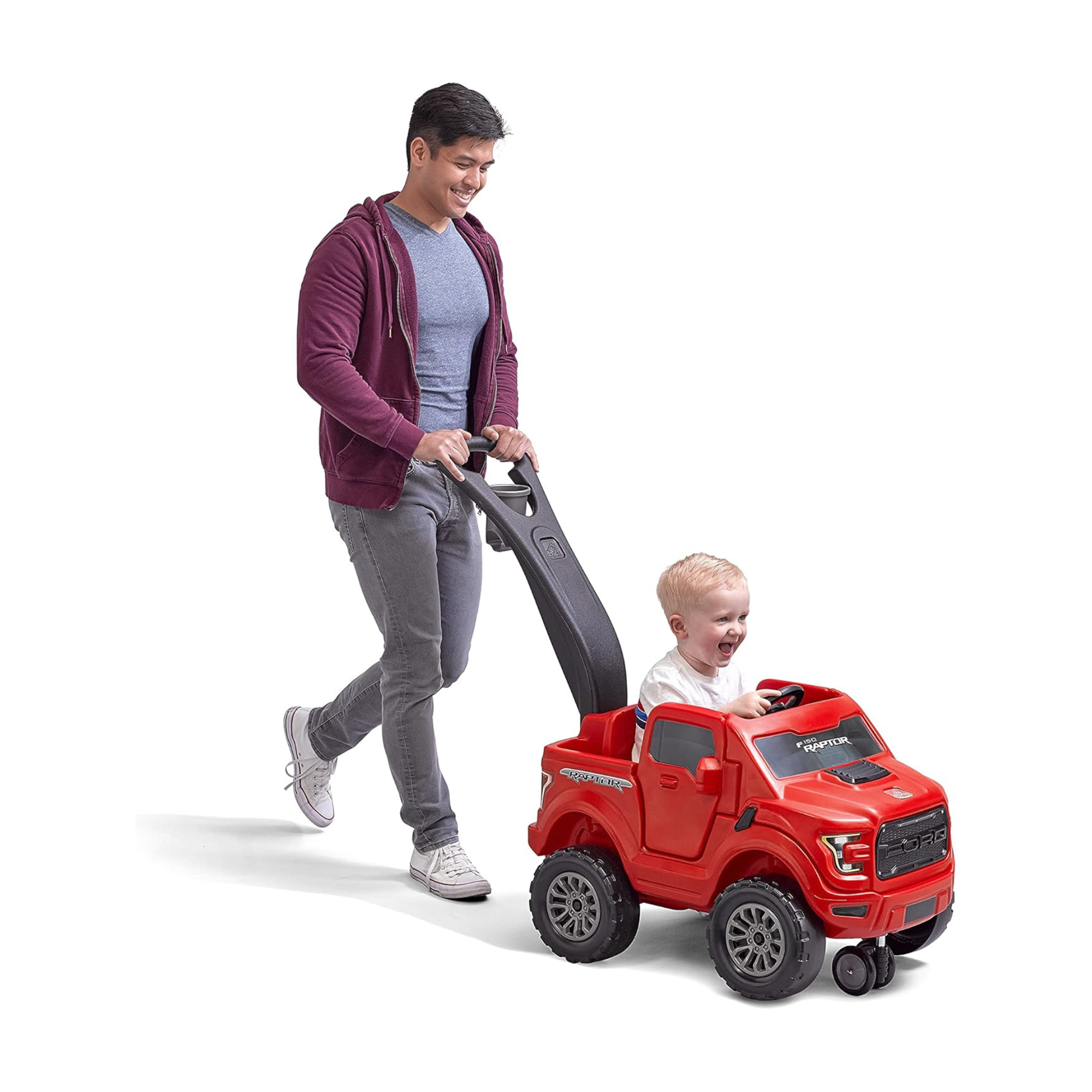 Step2 Ford F-150 Raptor with 360 Degree Turning 2 in 1 Single Seater Kids Push Car, Easy to Store Ride On Toy with Horn, Rear Storage and LED Grill LightSuitable for Children Aged 2.5 + Years, Red