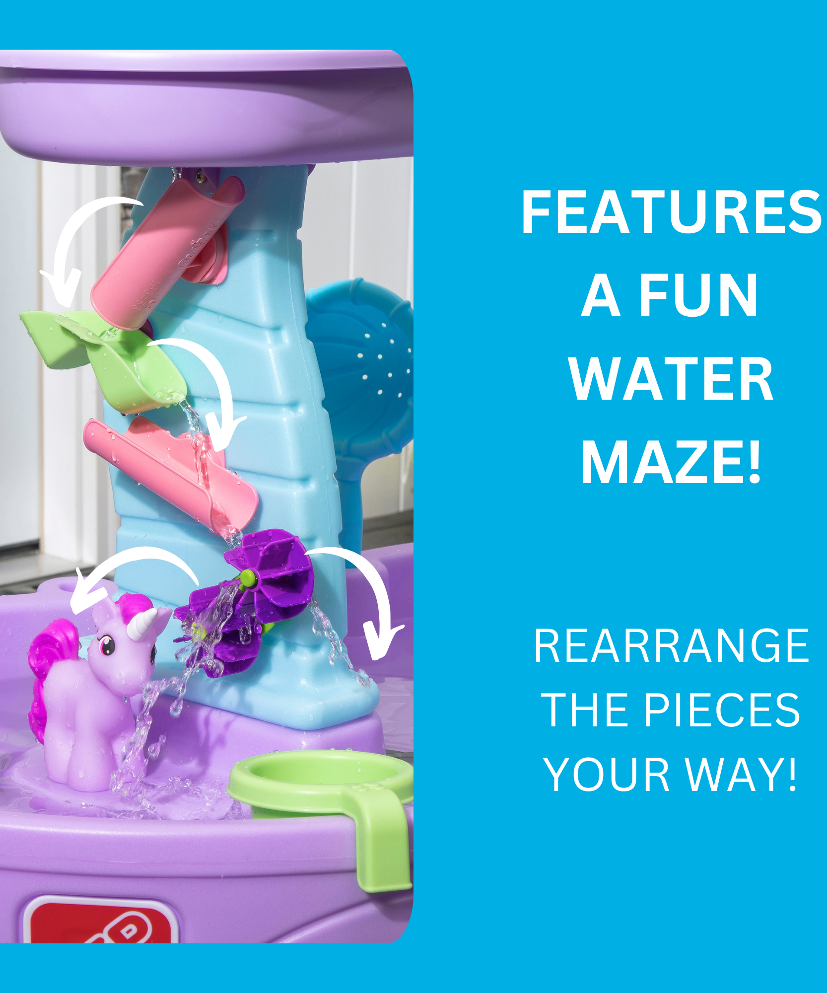 طاولة مياه رين شورز ويونيكورن من ستيب 2، طاولة مياه خارجية ومجموعة ألعاب حسية، لعبة نشاط مع 13 قطعة من الملحقات، مركز أنشطة في الفناء الخلفي، مناسبة للأطفال من الأولاد والبنات من سن 18 شهرًا فما فوق