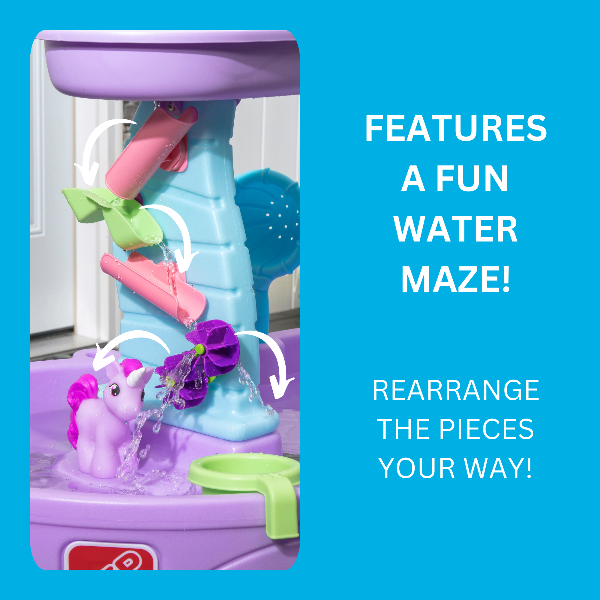 طاولة مياه رين شورز ويونيكورن من ستيب 2، طاولة مياه خارجية ومجموعة ألعاب حسية، لعبة نشاط مع 13 قطعة من الملحقات، مركز أنشطة في الفناء الخلفي، مناسبة للأطفال من الأولاد والبنات من سن 18 شهرًا فما فوق