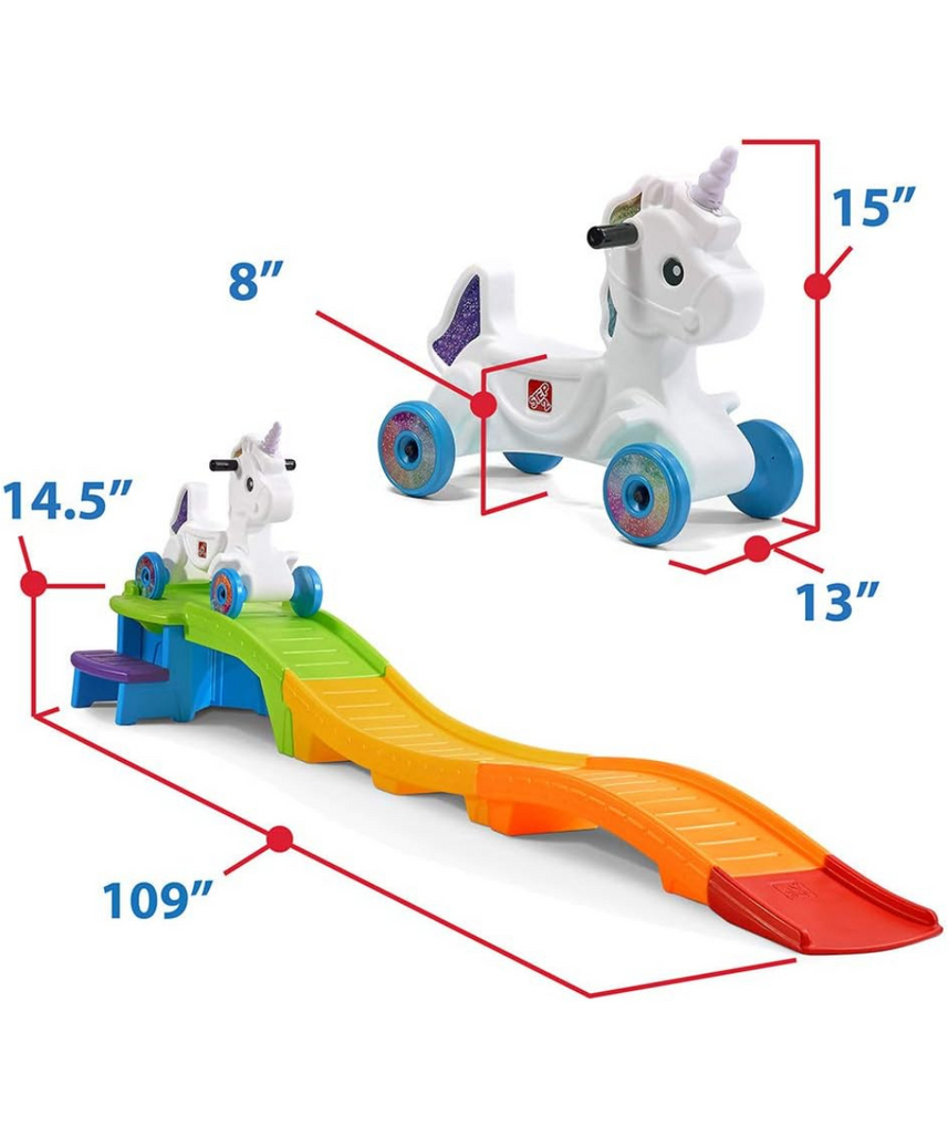 قطار الملاهي يونيكورن أب آند داون من ستيب 2، رقم 493700/493799، قطار ملاهي للأطفال مع مسار قوس قزح، سيارة يونيكورن مضيئة وصوتية، تصميم آمن، للأعمار من 2 إلى 5 سنوات