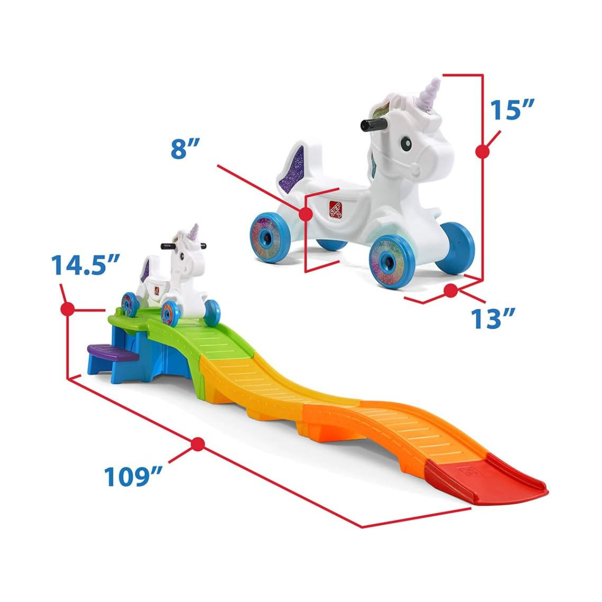 قطار الملاهي يونيكورن أب آند داون من ستيب 2، رقم 493700/493799، قطار ملاهي للأطفال مع مسار قوس قزح، سيارة يونيكورن مضيئة وصوتية، تصميم آمن، للأعمار من 2 إلى 5 سنوات