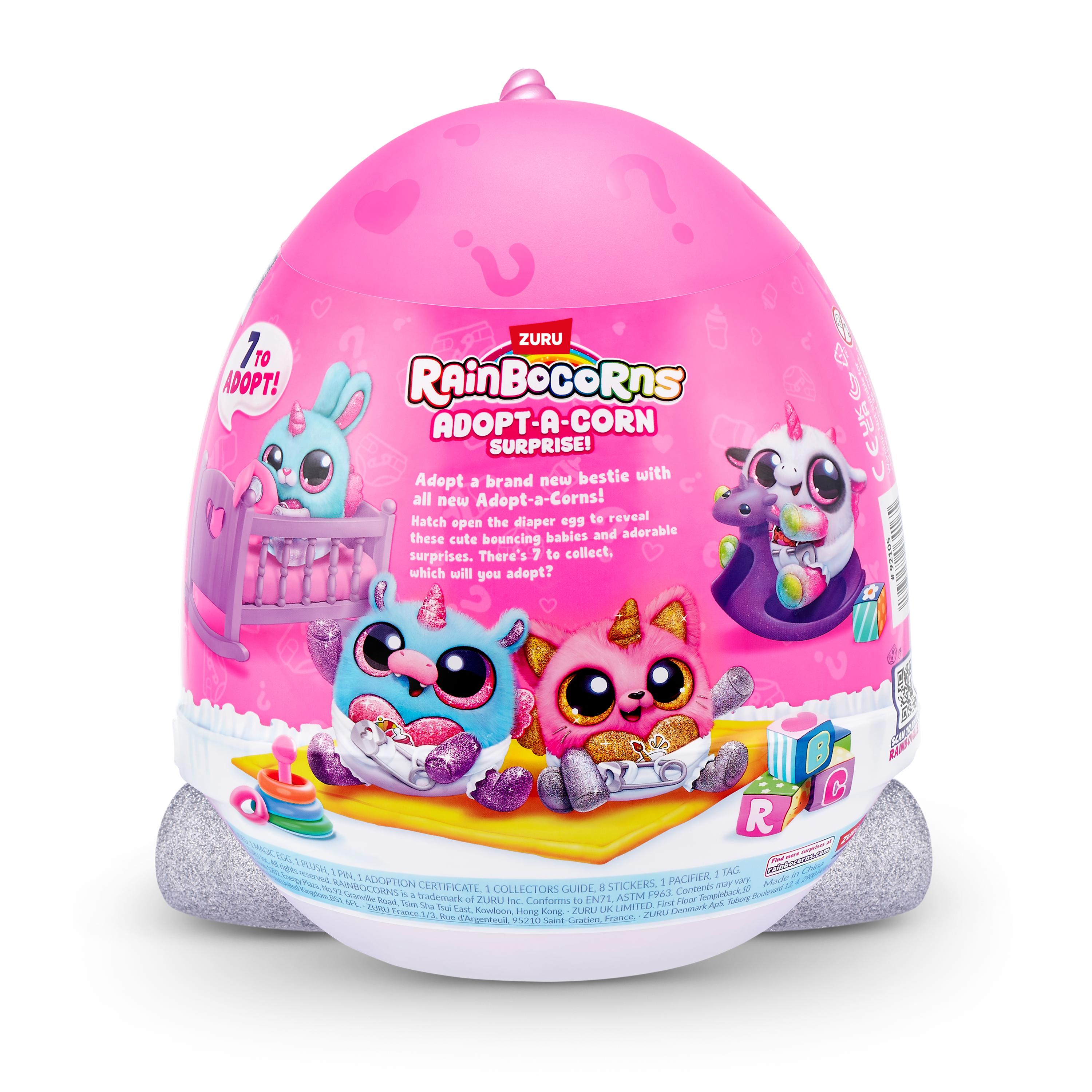 Rainbocorns Adopt-A-Corns Baby Plush Assorted Newborn Surprise Toy with 15+ Surprises, Diaper Egg, Pacifier & Adoption Certificate, Collect All 7 Cute Characters, Gift for Girls Ages 3+
