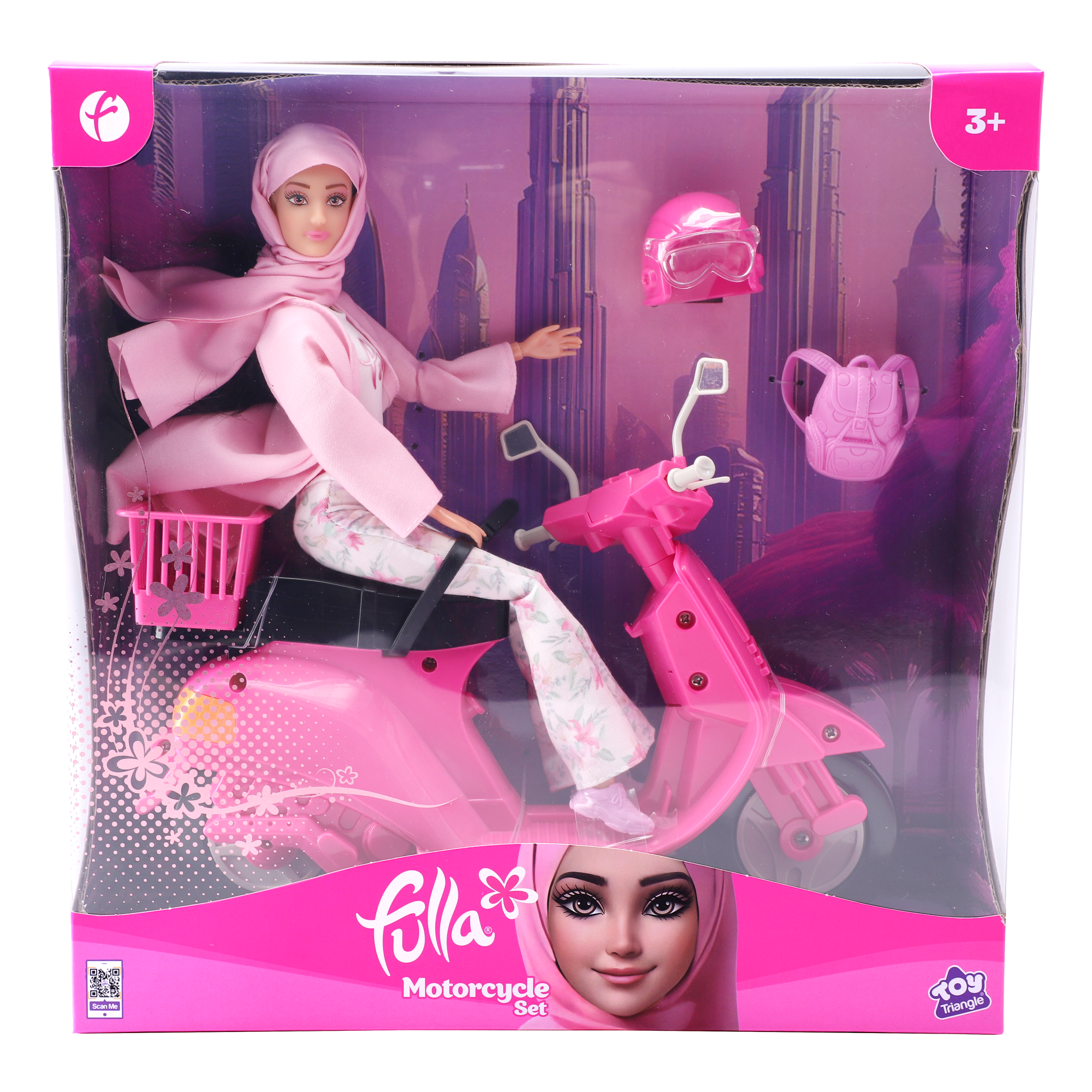 ulla Doll with Pink Motorbike, Floral Pants, Jacket, Helmet and Headscarf, Fashion Doll Ride-On Adventure Set for Girls, Age 3+