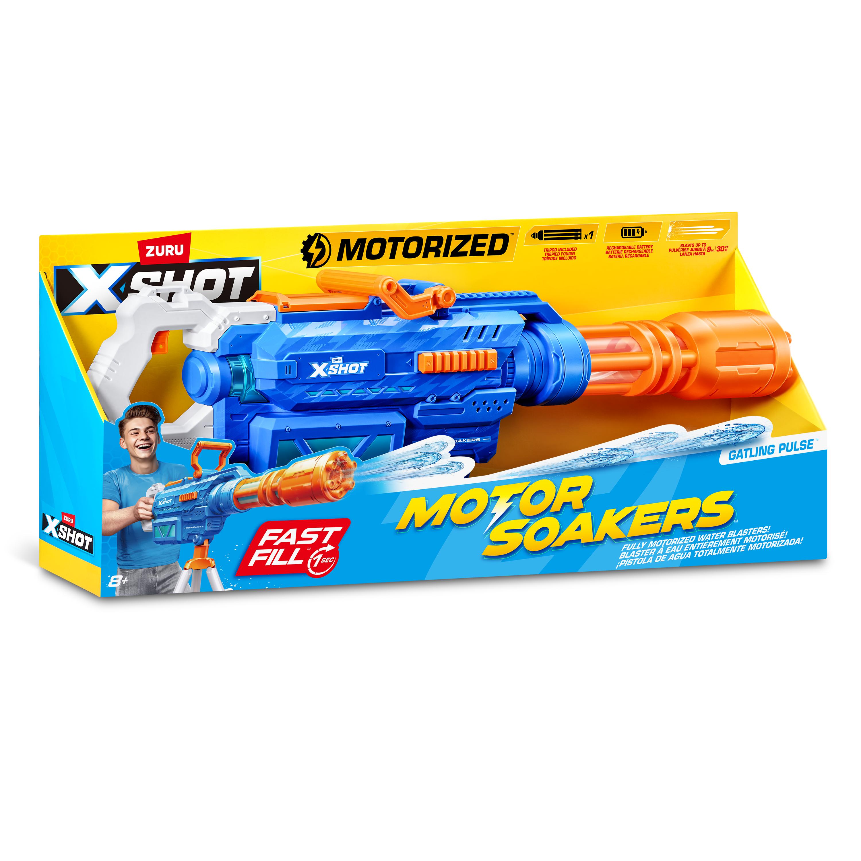 X-Shot Gatling Motor Water Soaker, Motorized Water Gun for Boys & Girls, Age 8+, 1650ml Tank, Fast-Fill, Tripod, 26ft Blast