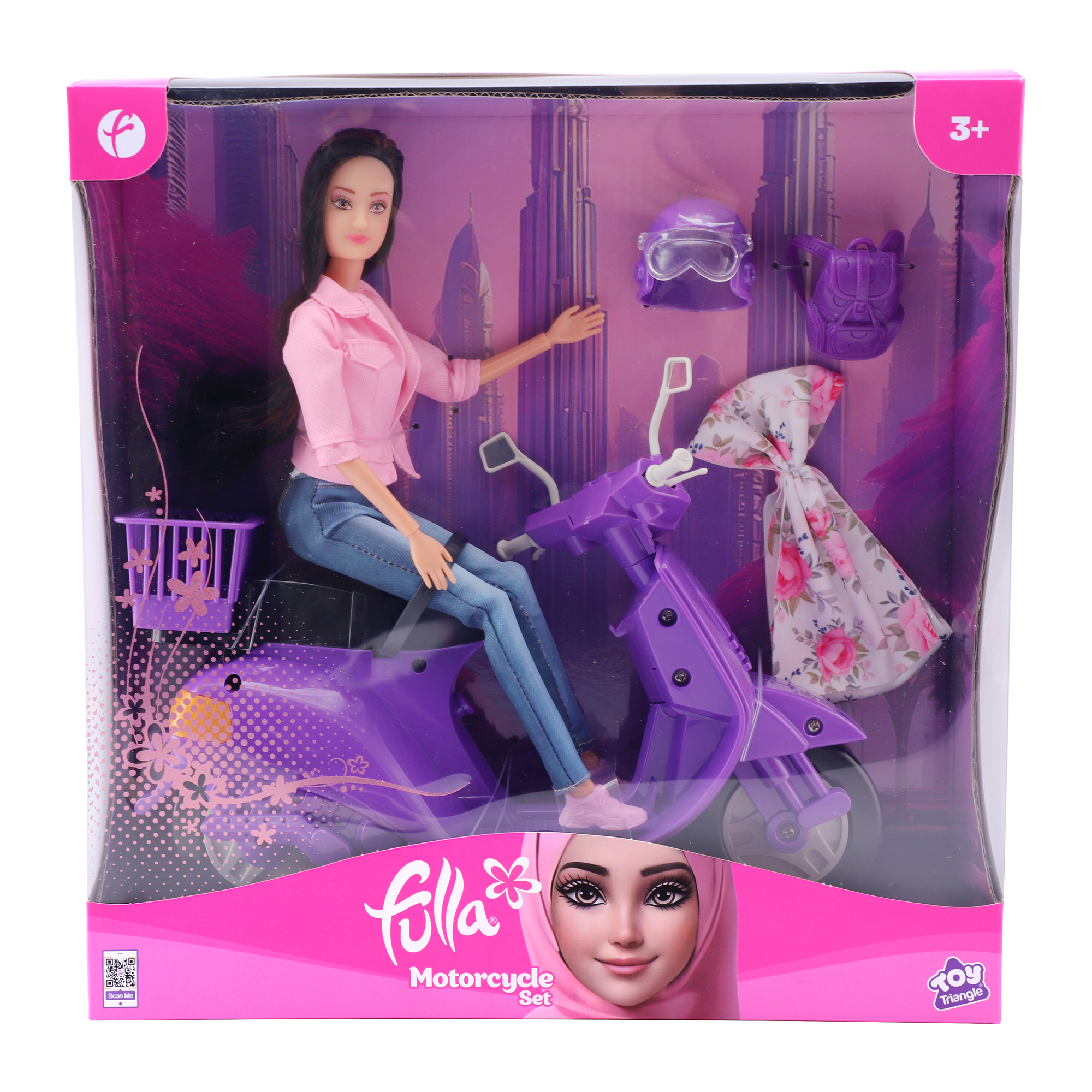 Fulla Doll with Purple Motorbike Set, Includes Doll, Jeans, Scarf, Helmet, Schoolbag, Vehicle for Outdoor Play, Storytelling and Creative Imagination for Girls, Age 3+