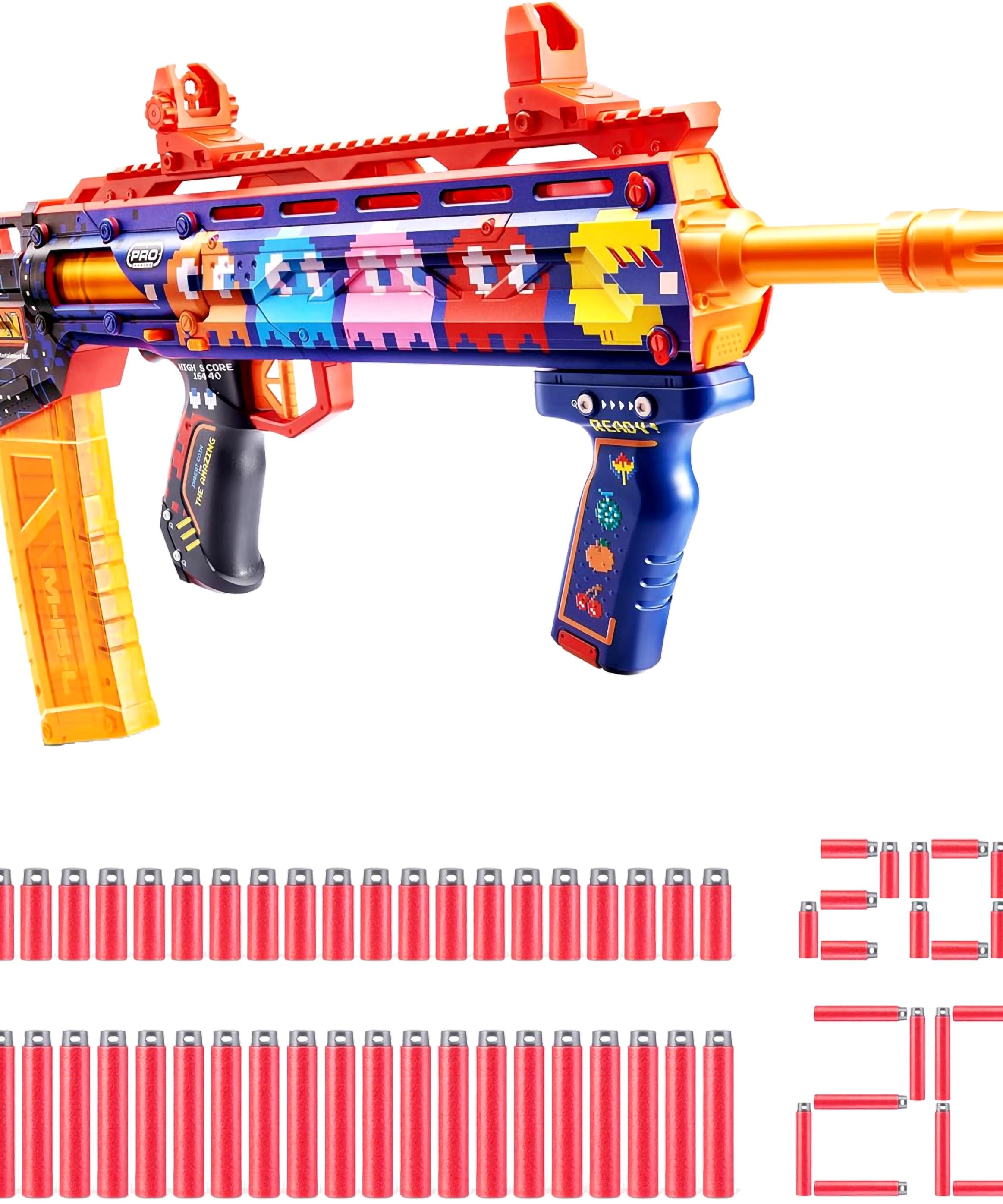 XShot Skins Pro Pac-Man Long Shot Blaster, 40 Darts, Slam Fire, Retro Skin, 2 Quick Clips, Half & Full-Length Ammo, Air Pocket Foam Tech, 66ft Range for Boys, Age 14+