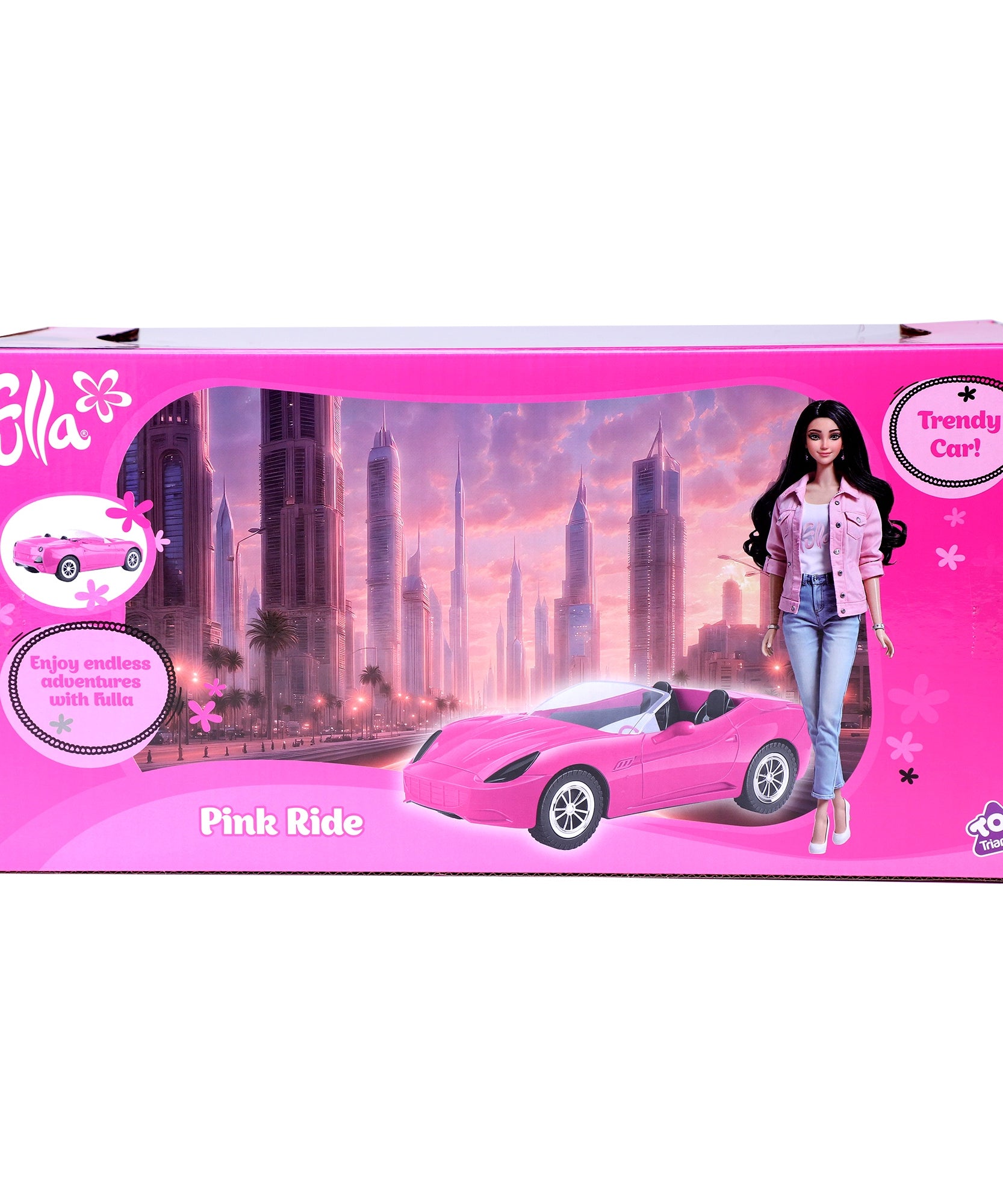 Fulla Ride and Drive Doll with Pink Car, Floral Scarf and Pink Denim Jacket, Pretend Travel Adventure Play Set for Kids Aged 3+