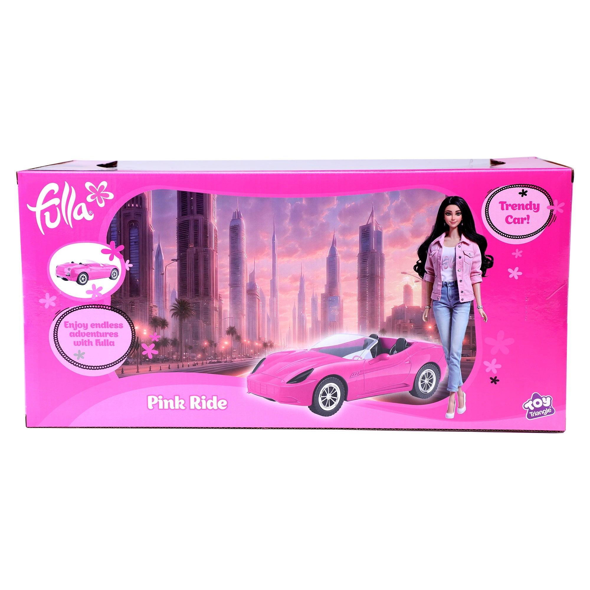 Fulla Ride and Drive Doll with Pink Car, Floral Scarf and Pink Denim Jacket, Pretend Travel Adventure Play Set for Kids Aged 3+