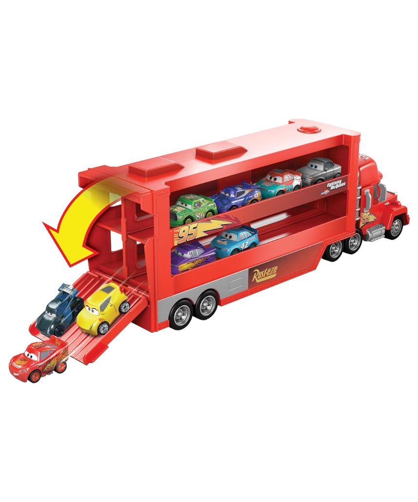 Mattel Disney Pixar Cars Mack Mini Racers Hauler with 1 Mini Die-Cast Car, Toy Transporter Holds 18 Minis, Ages 3+