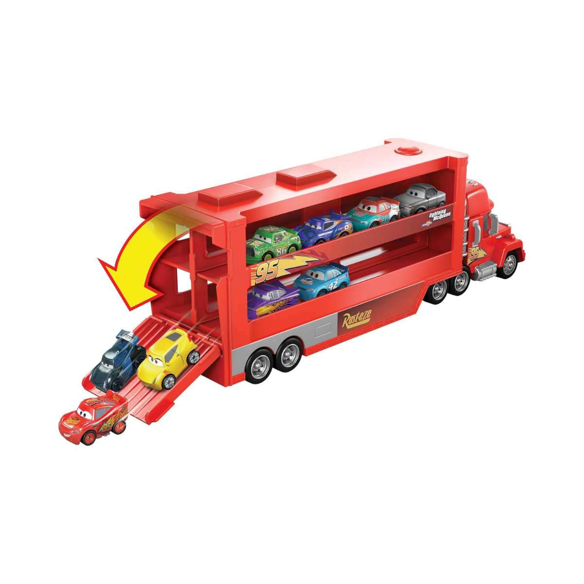 Mattel Disney Pixar Cars Mack Mini Racers Hauler with 1 Mini Die-Cast Car, Toy Transporter Holds 18 Minis, Ages 3+