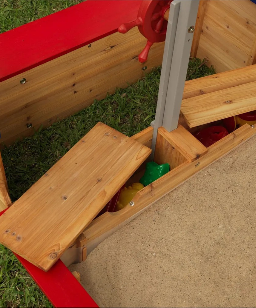 KidKraft Pirate Sand Boat Sandbox with Canopy and Storage, Wooden Outdoor Sand Play Boat for Kids Ages 5 and Up, Weather Resistant Wood, Large Play Area, Pirate Theme