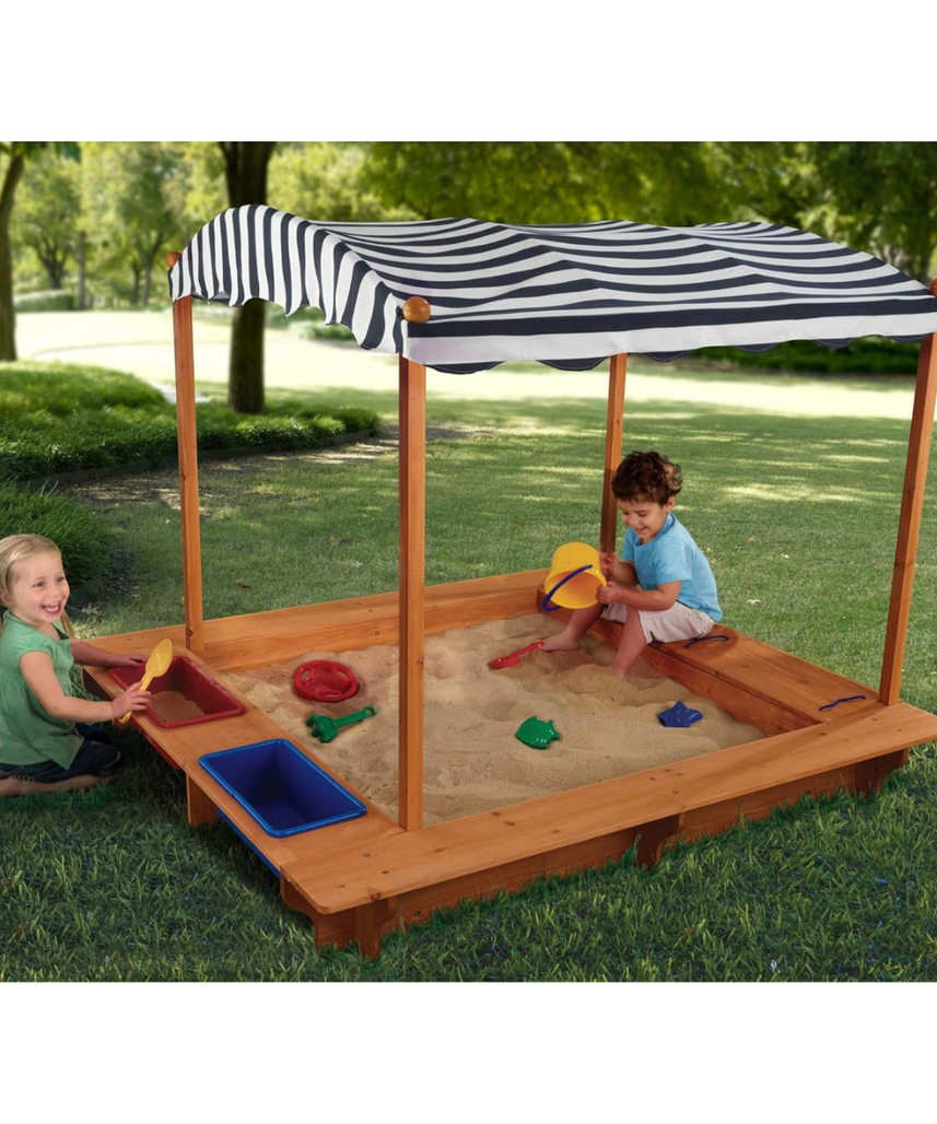 KidKraft 165 Wooden Sandbox with Canopy, Outdoor Sandpit Playset for Kids, Storage Bins, Weather Resistant Wood, Mesh Cover, Garden Sand Toys for Children Ages 3 to 8